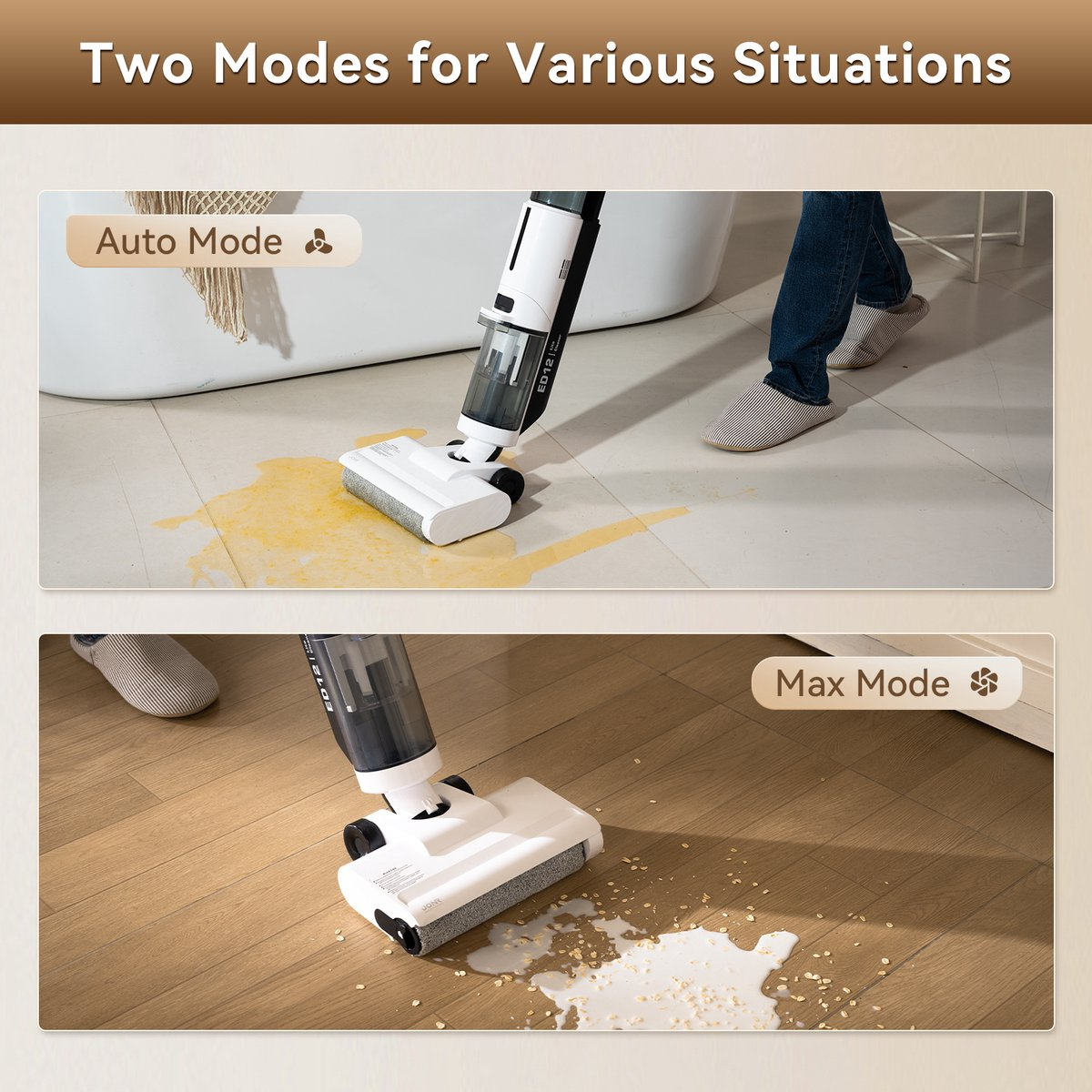 Two images showcasing vacuum modes. Top: Auto mode. Bottom: Max mode. Both show cleaning on different surfaces.