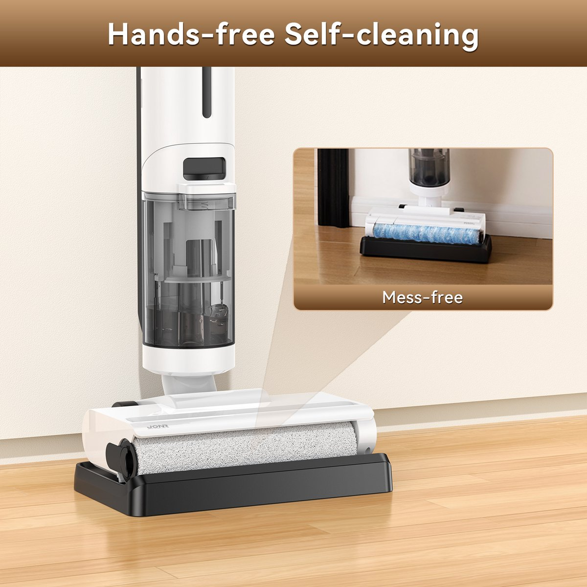 Vacuum cleaner and charging base, with a close-up of the base showing self-cleaning. Mess-free design is highlighted.