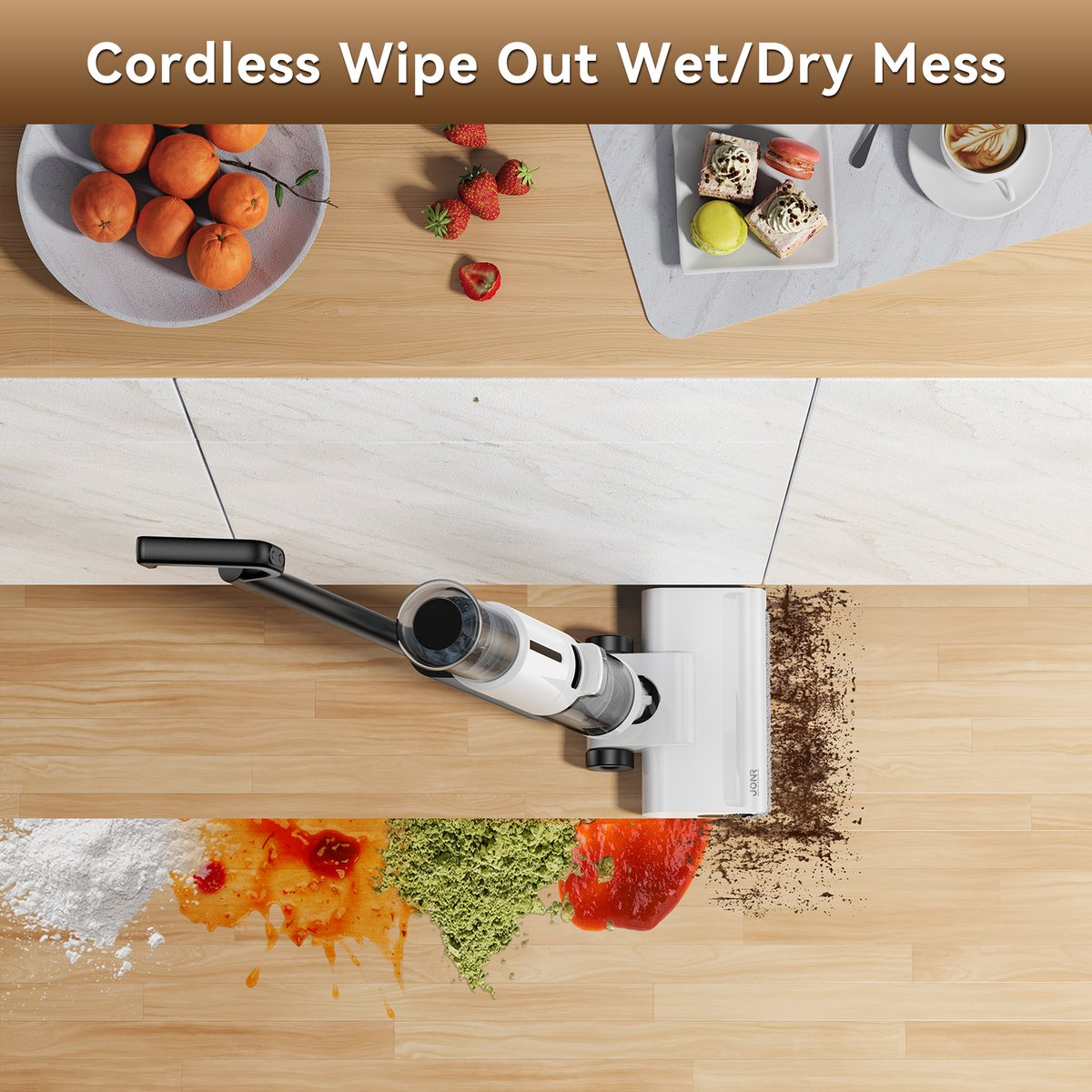 Vacuum cleaner on a wooden floor cleaning up messes of various food items, showing wet/dry cleaning and cordless use.