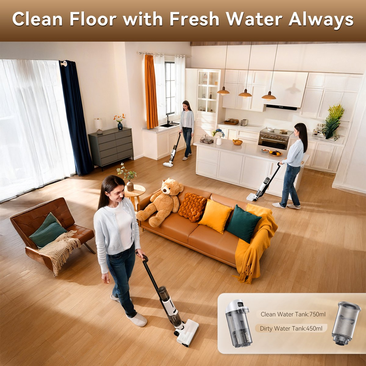 Woman using a vacuum cleaner. Background shows a living room and kitchen with two other women cleaning. Clean water tanks.