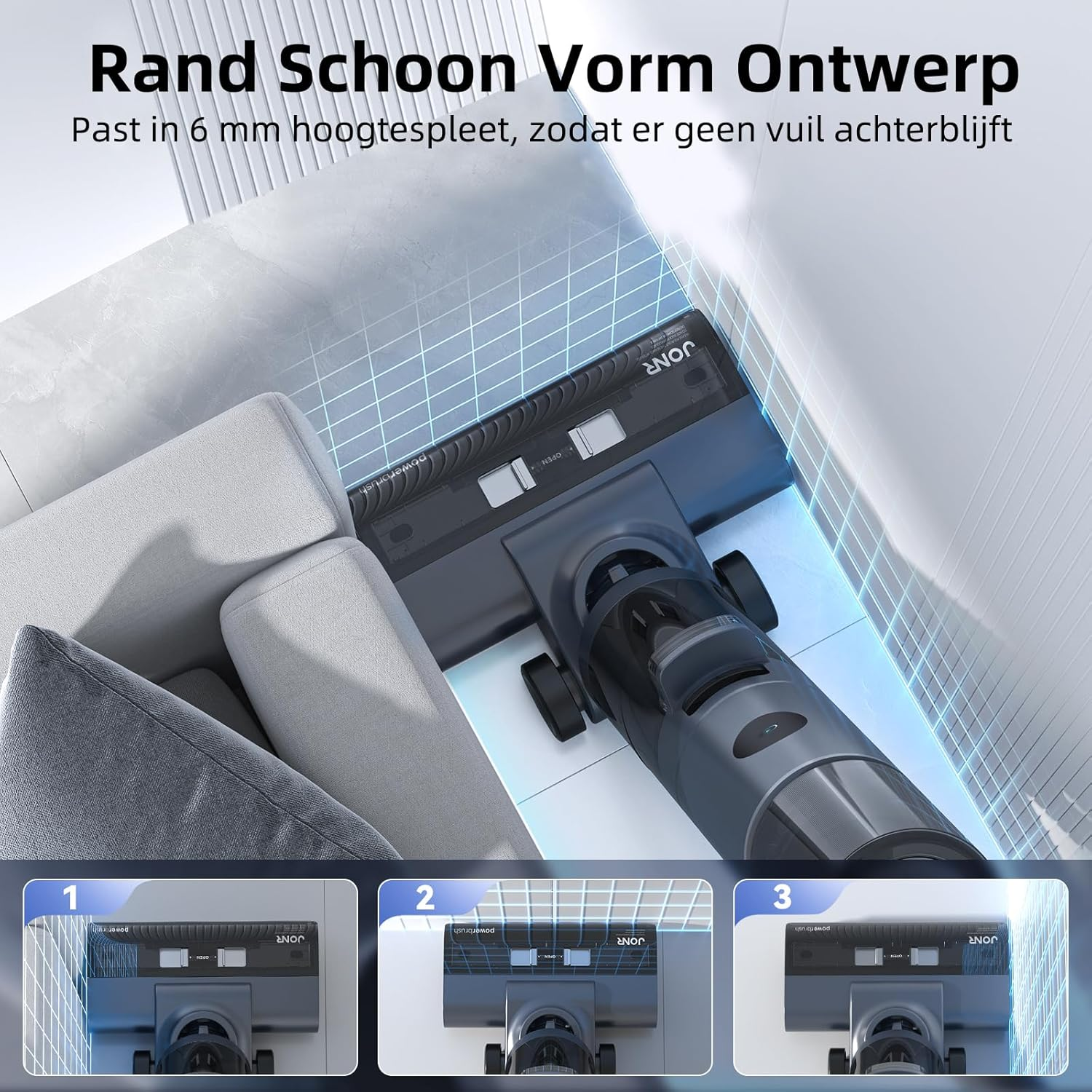 Vacuum cleaner head cleaning under furniture. Three images show cleaning positions and design details.