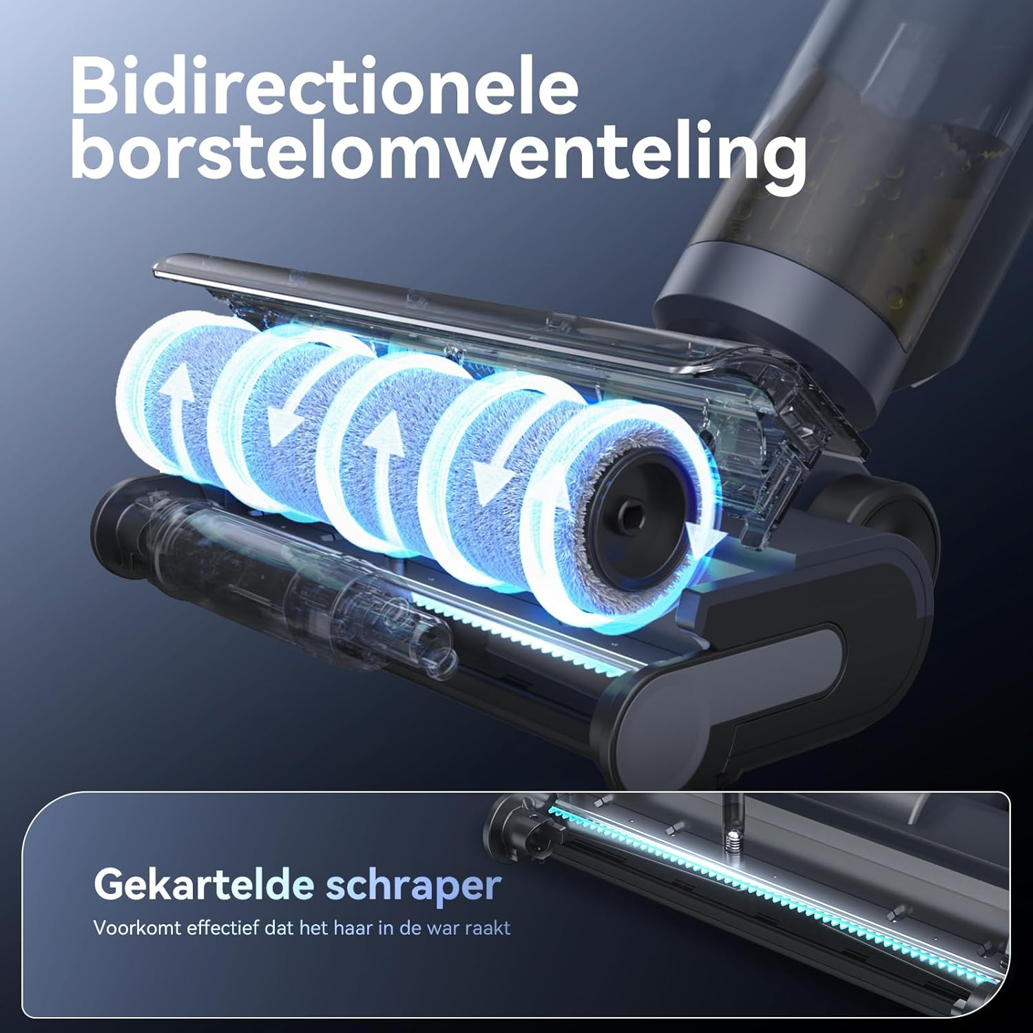 Close-up of a vacuum cleaner head, showcasing the roller and text that reads 'Bidirectionele borstelomwenteling'.