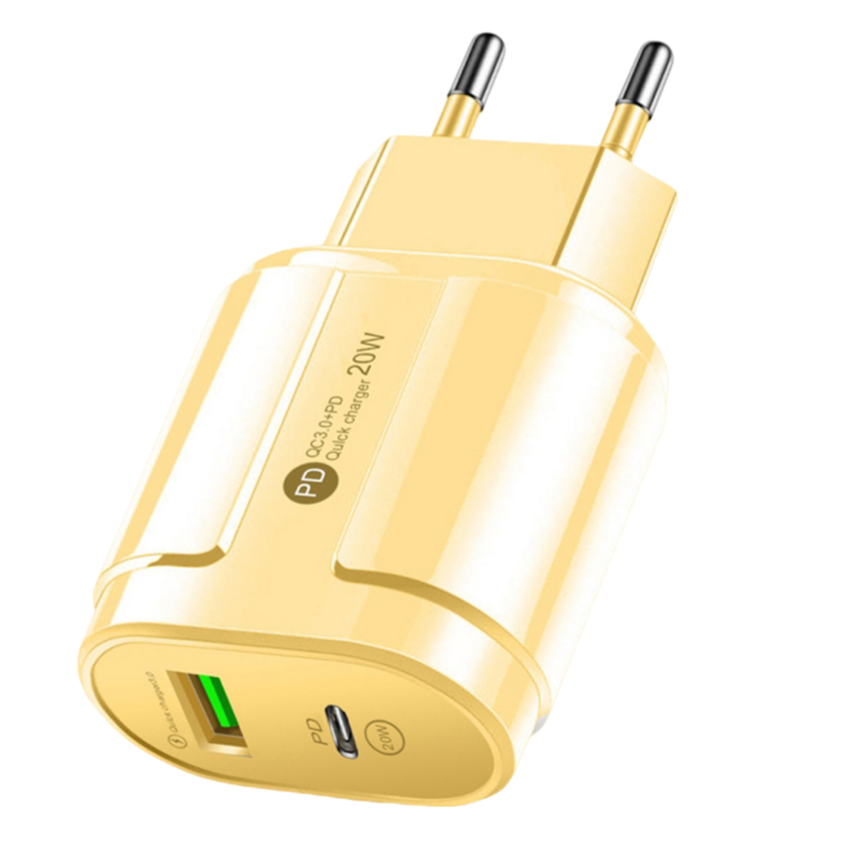 Un caricabatterie giallo con porta USB verde e pin neri. Ha etichette 'QC3.0+PD' e '20W'.