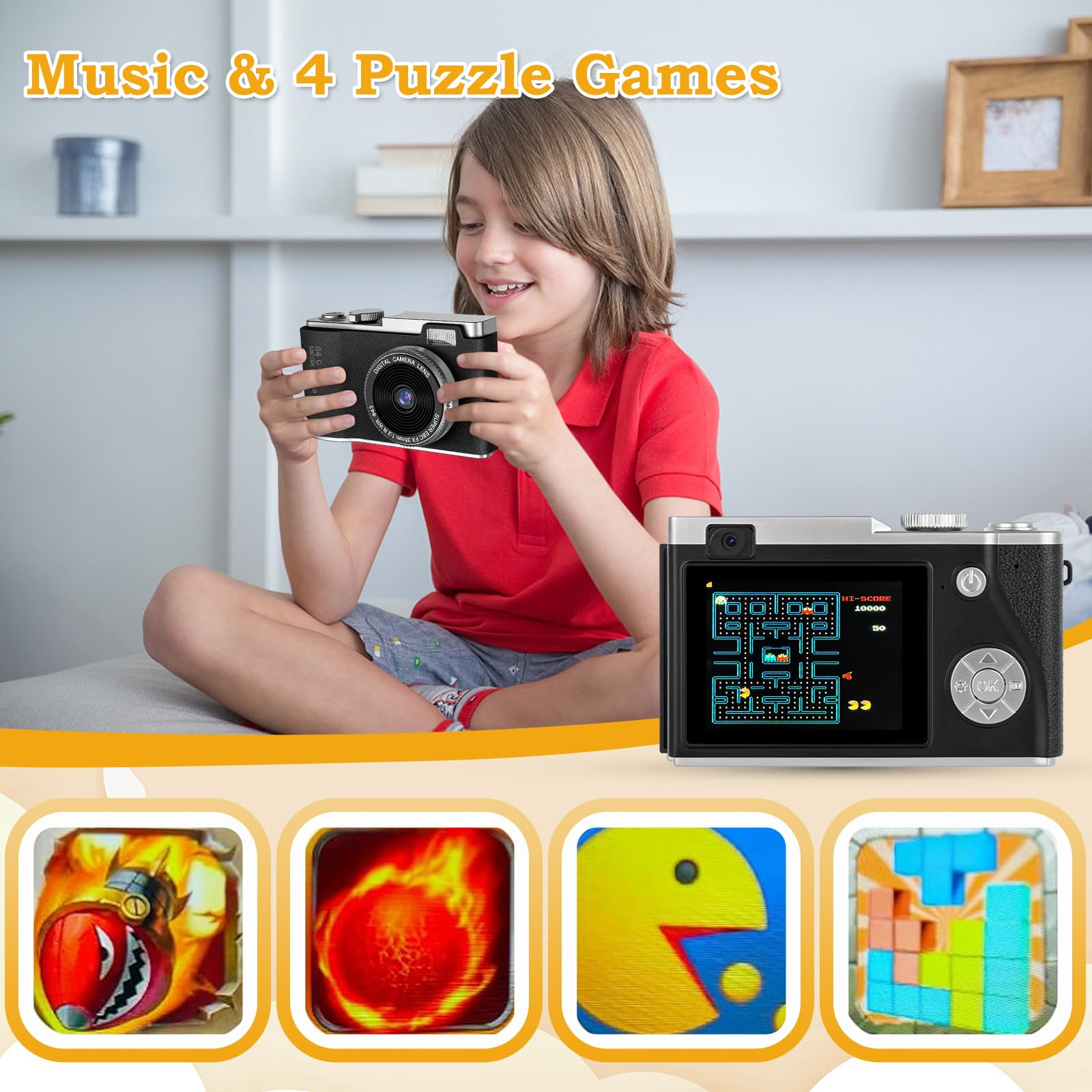 Ein Kind spielt mit einer Digitalkamera mit Musik und Puzzlespielen auf dem Bildschirm.