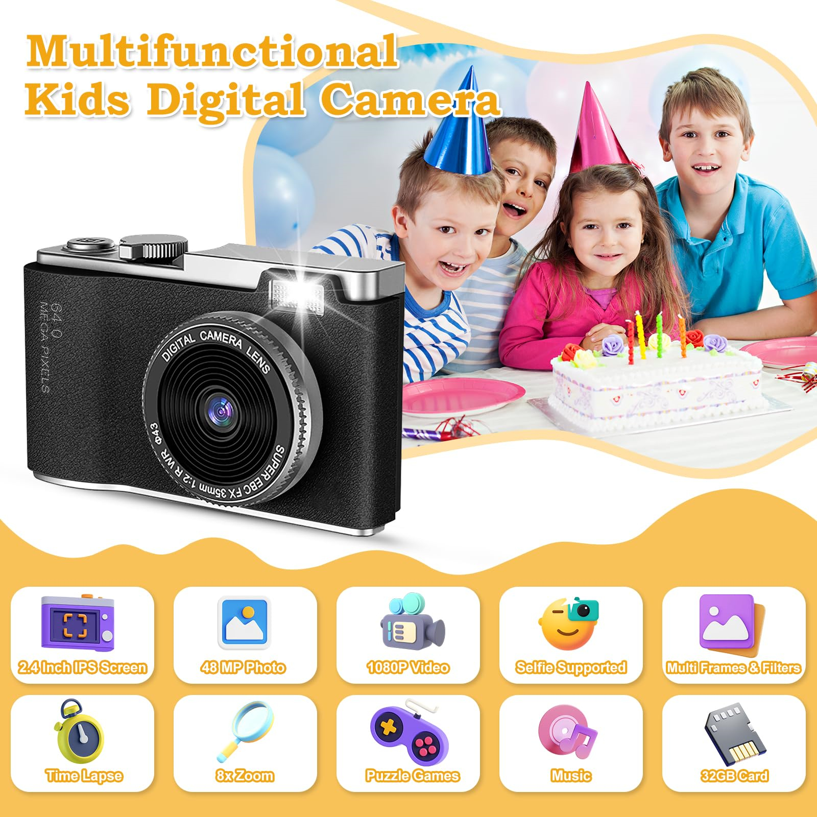 Eine Kinder-Digitalkamera mit Kindern und Kuchen im Hintergrund. Zusätzliche Funktionen werden um die Kamera herum angezeigt.