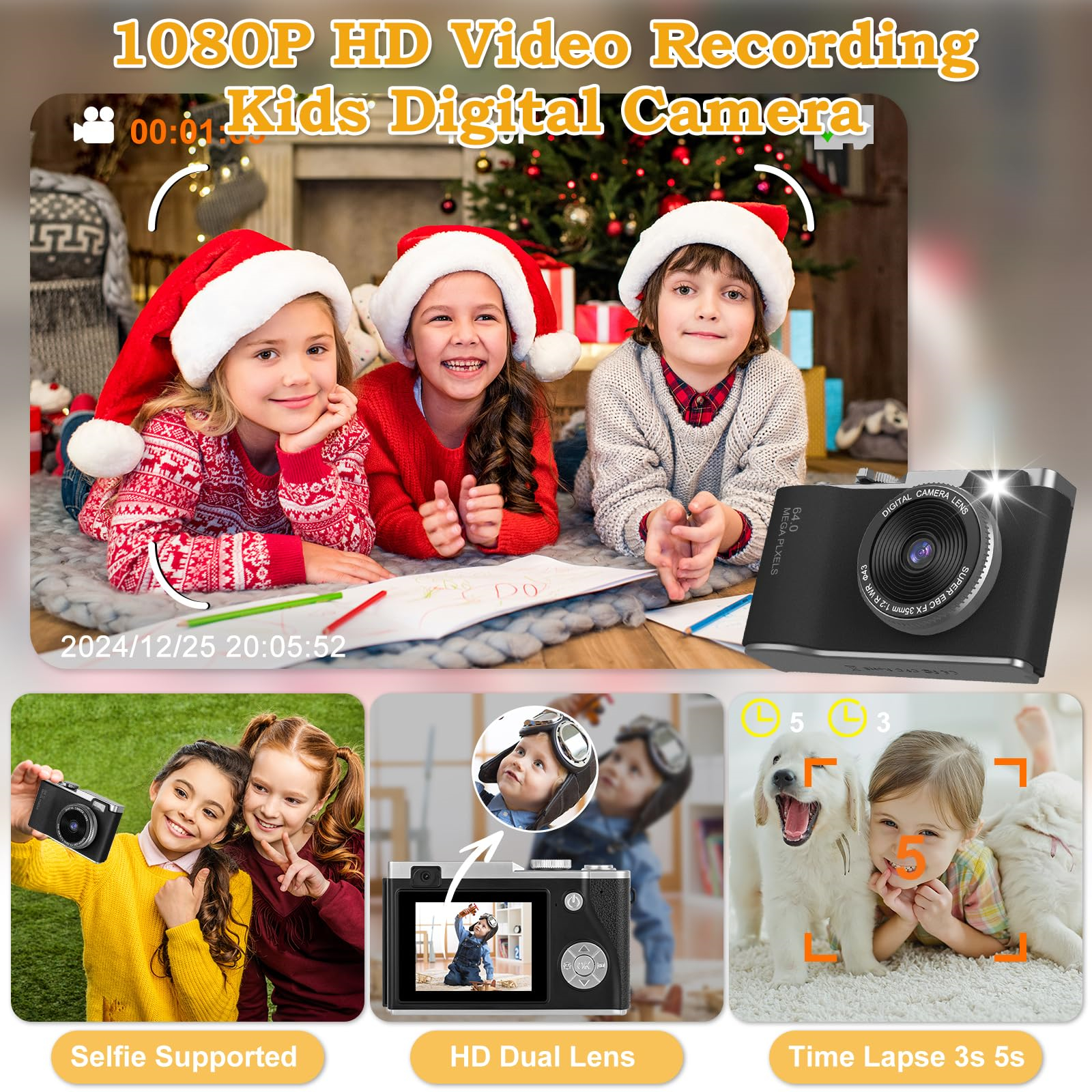 Drei Kinder mit Weihnachtsmützen, eines hält eine Kamera. Zusätzliche Bilder zeigen Kamerafunktionen und Kinder mit Kameras.