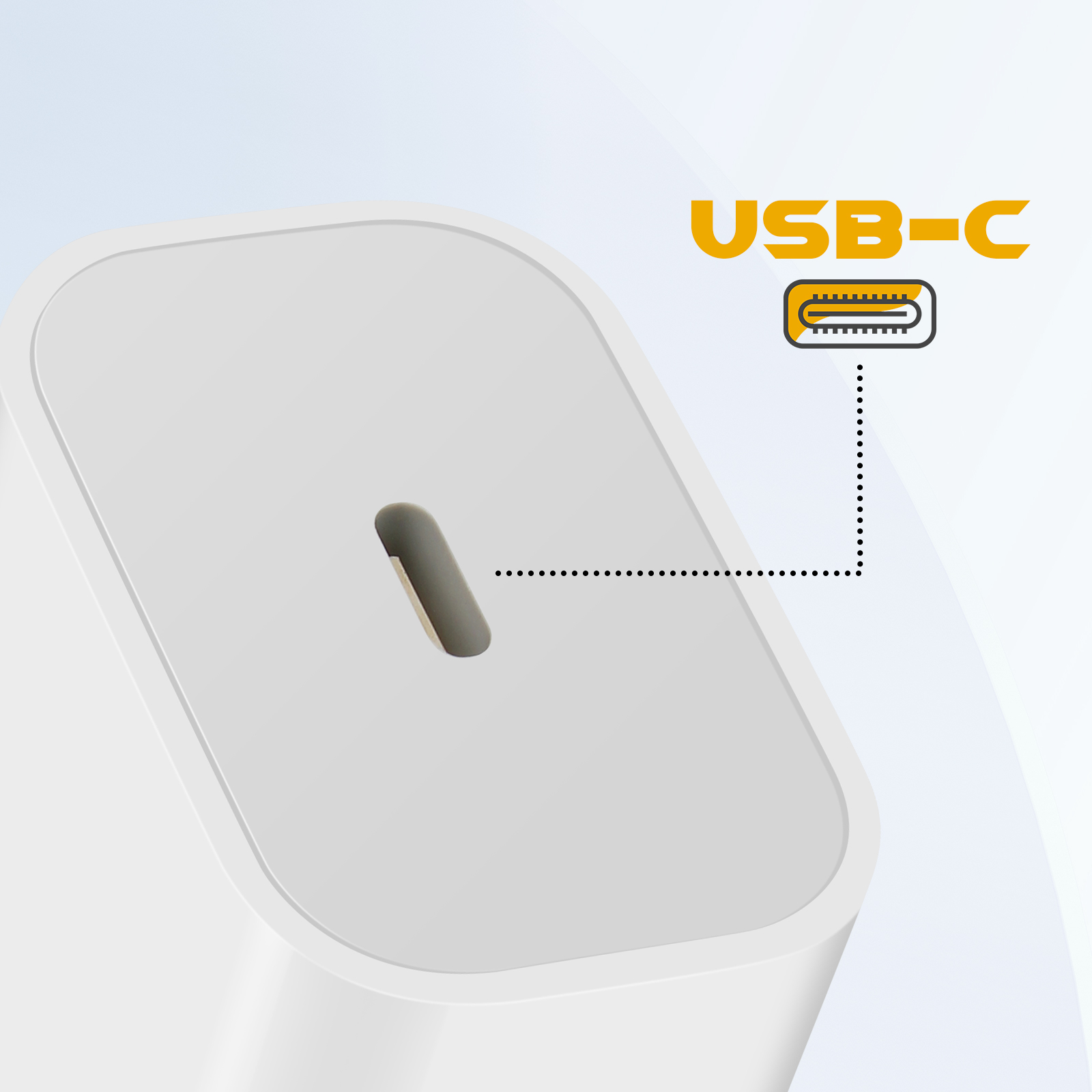 Un primo piano di una porta del caricatore USB-C bianca con l'etichetta 'USB-C' sopra.