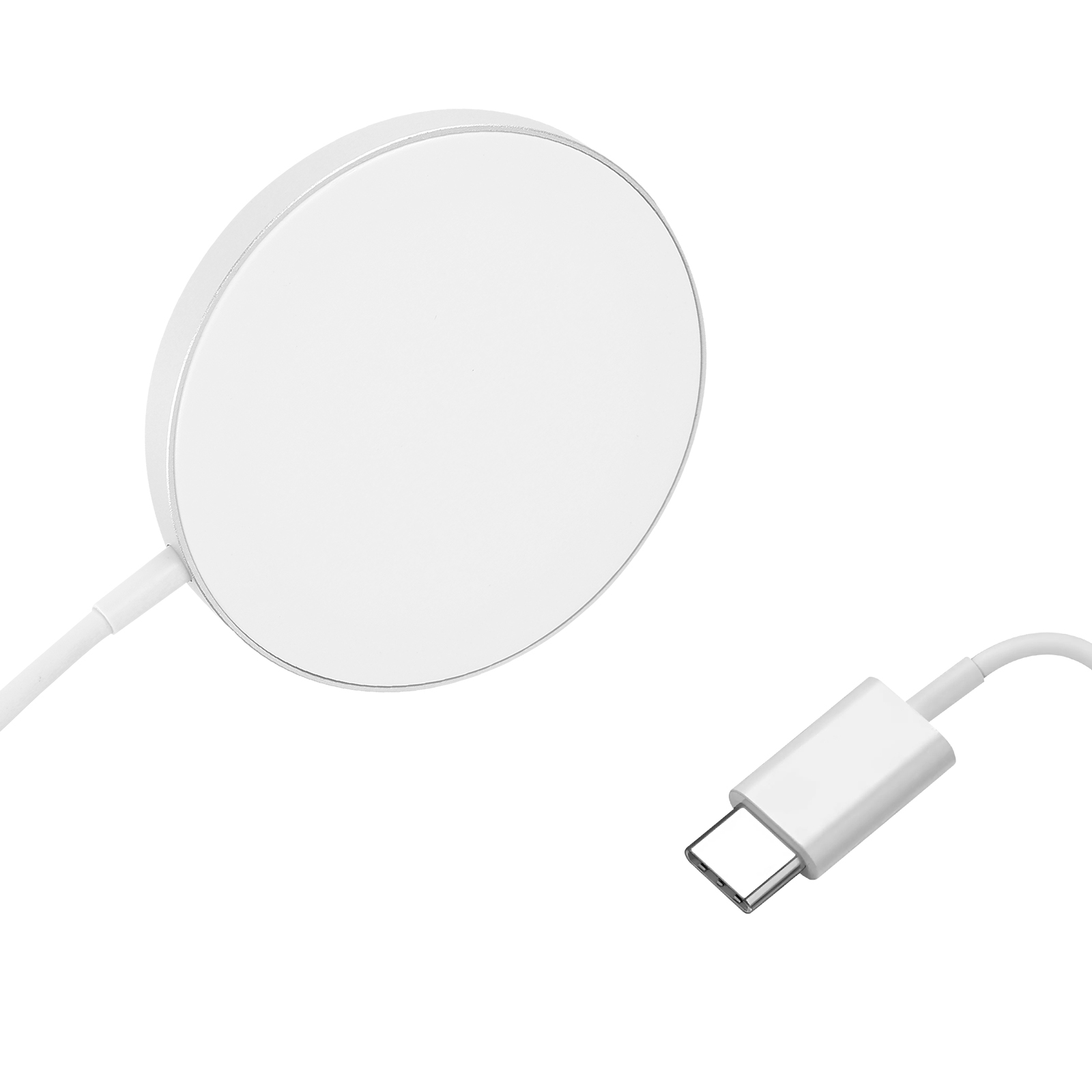 Weißes kabelloses Ladegerät mit weißem Kabel und USB-C-Anschluss auf weißem Hintergrund.
