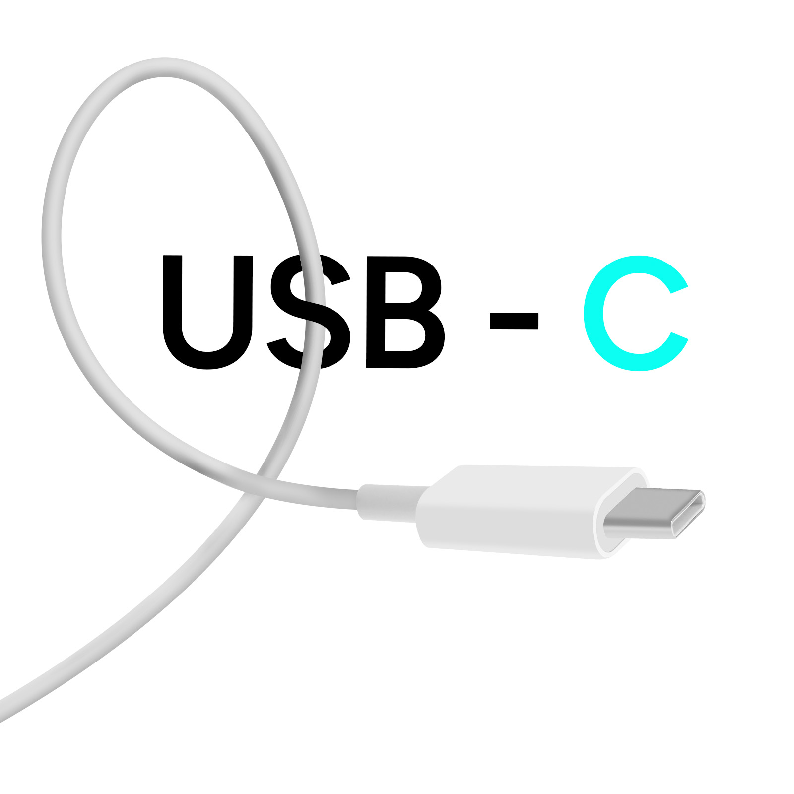 Weißes USB-C-Kabel mit dem Text 'USB-C' in Schwarz und Cyan auf weißem Hintergrund.