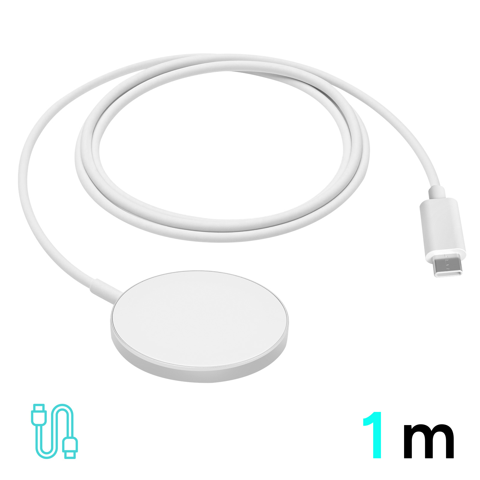 Ein weißes kabelloses Ladegerät mit weißem Kabel und USB-C-Anschluss mit dem Text '1 m' rechts.