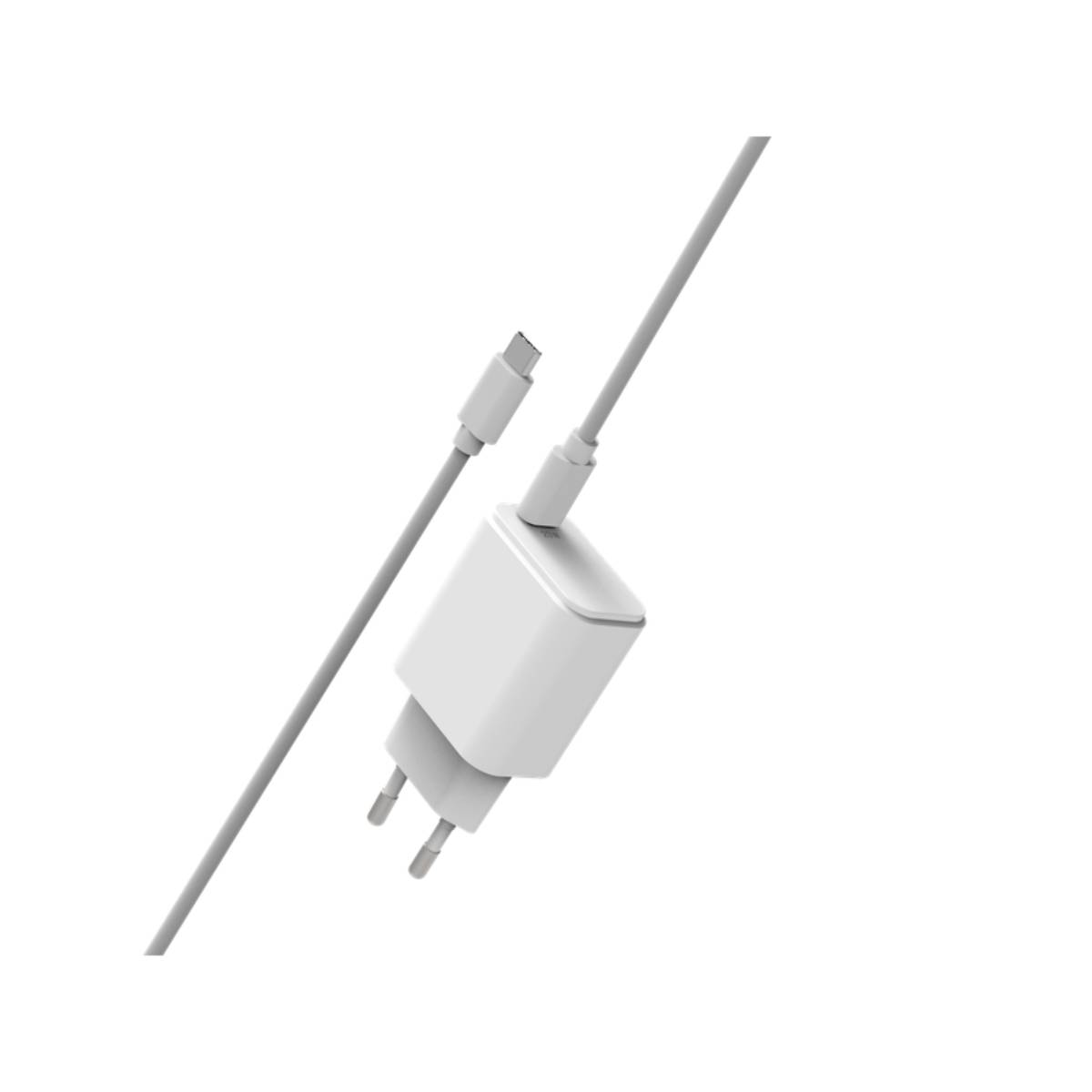 Ein weißes Ladegerät und ein weißes Kabel. Das Ladegerät hat einen Eurostecker.
