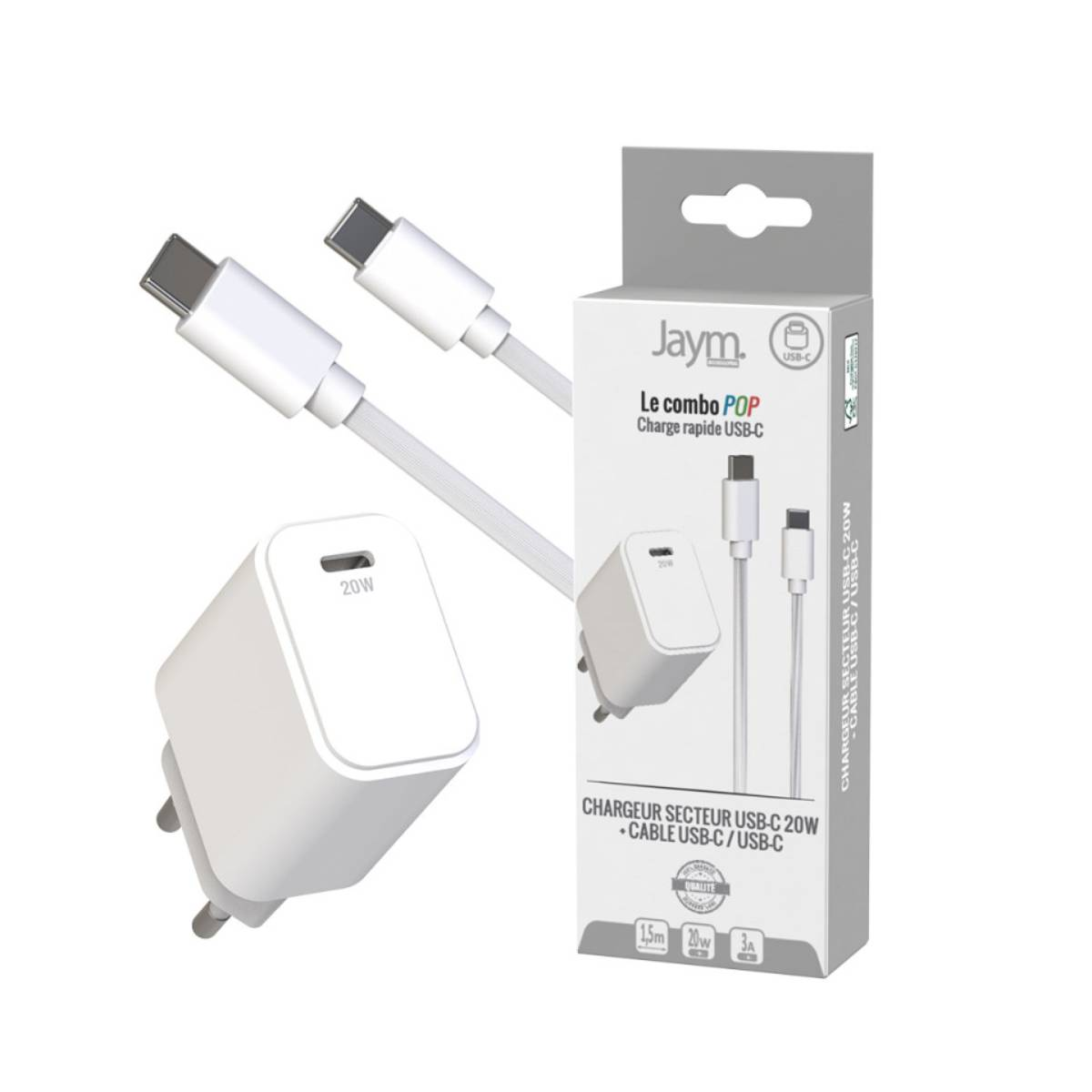 Ein Ladegerät-Set mit einem 20W-Ladegerät, einem USB-C-Kabel und einer Box mit der Aufschrift 'Le combo POP'.