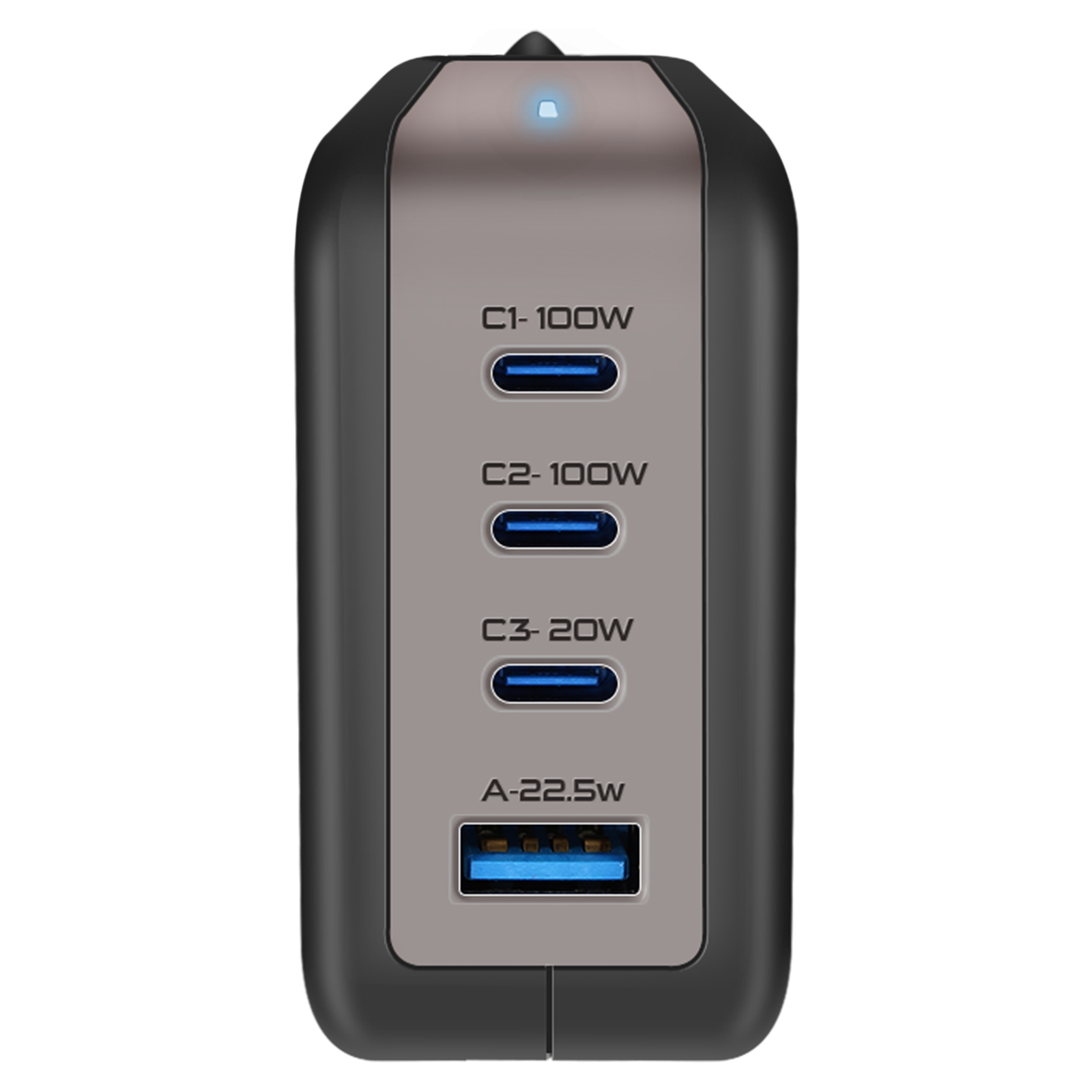 Chargeur noir et gris avec plusieurs ports USB. Les étiquettes indiquent les puissances.