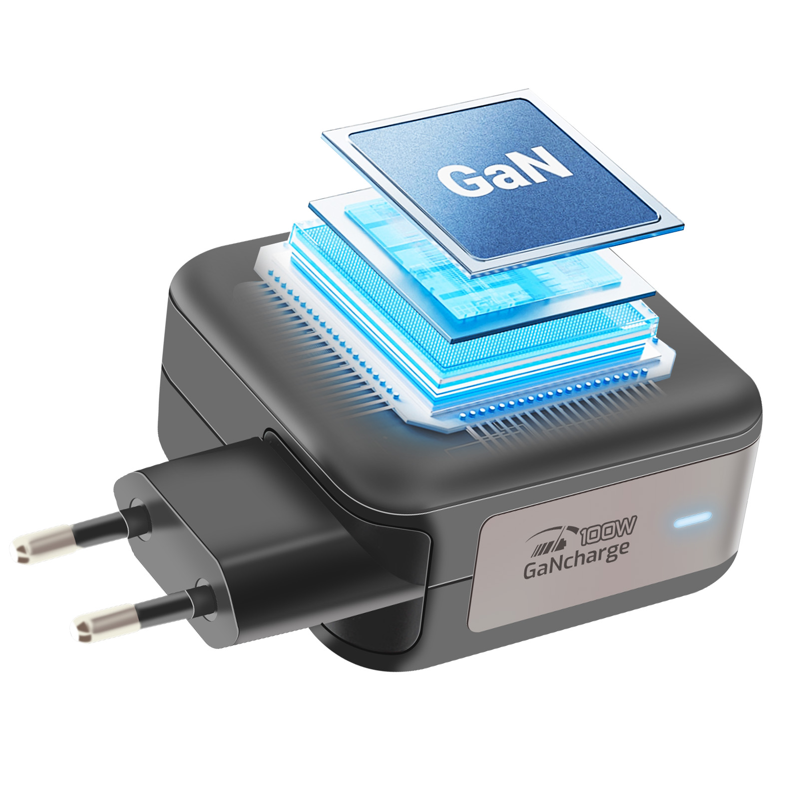 Anatomie d'un chargeur GaN. Le chargeur est noir et gris, avec des composants internes bleus.