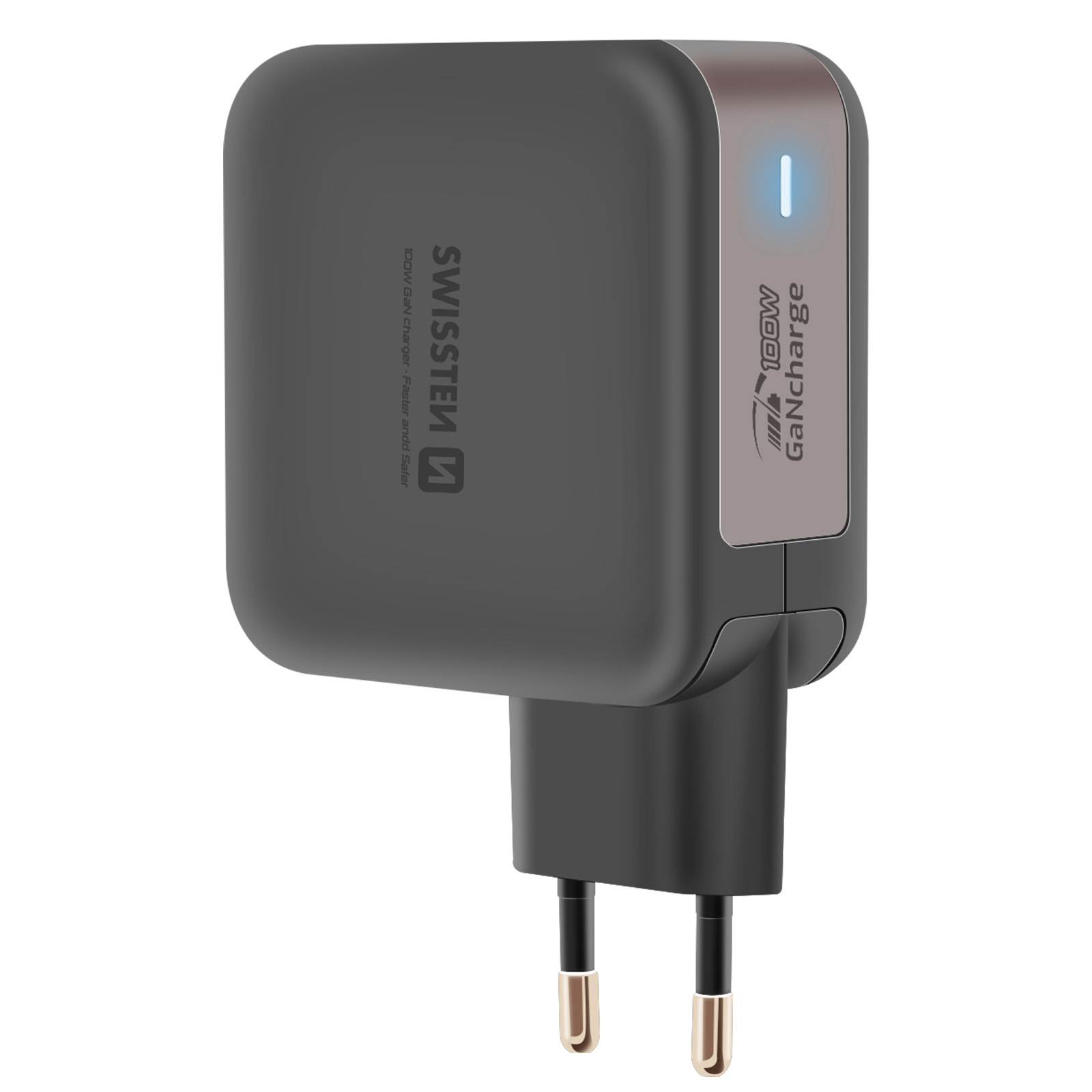 Un chargeur noir et gris avec une lumière bleue. Le chargeur a une prise européenne.