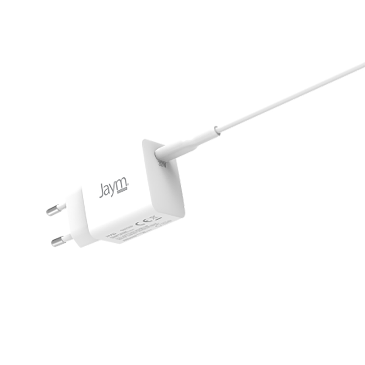Caricabatterie bianco collegato a un cavo bianco. Il caricabatterie ha il marchio Jaym e 20W.
