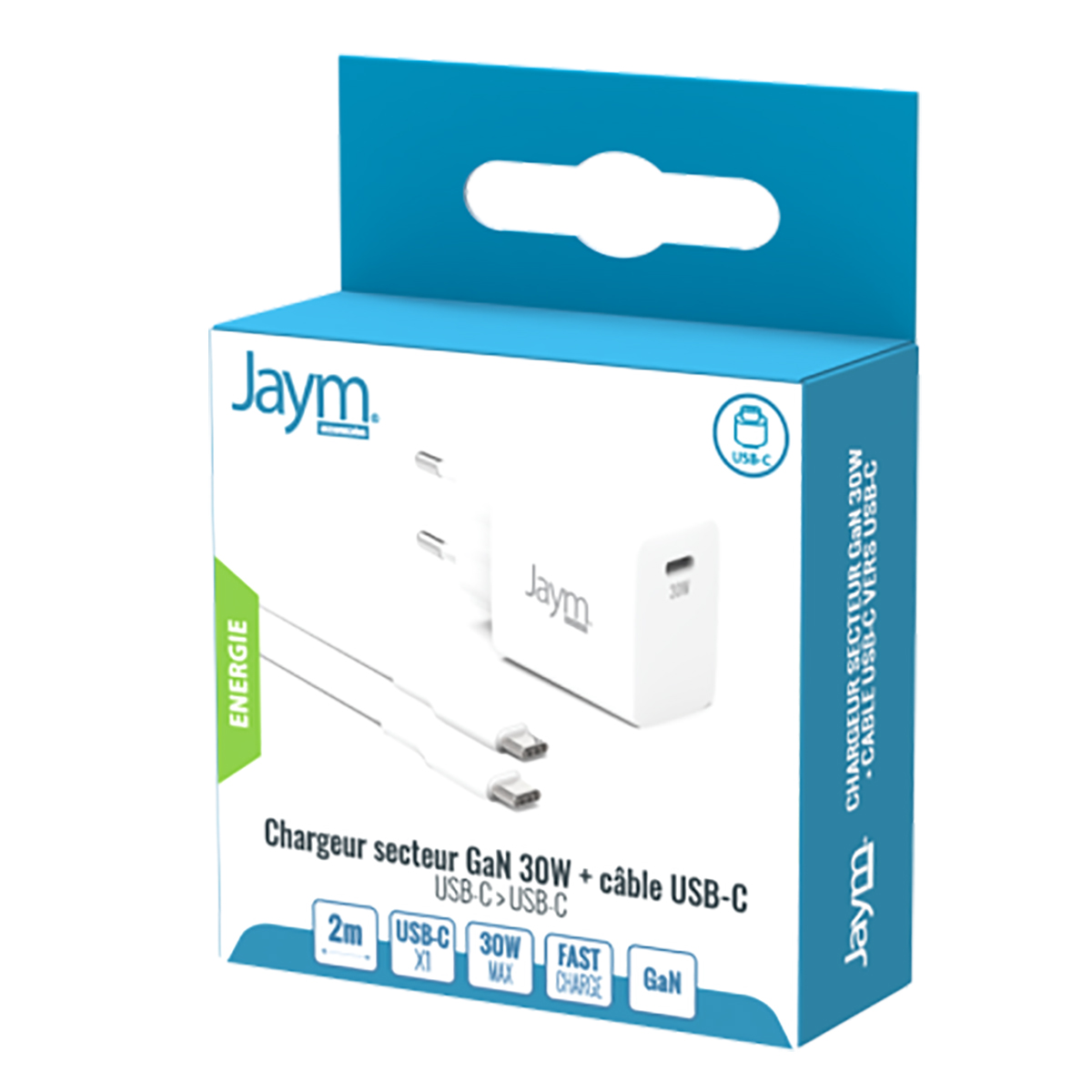 Caricatore bianco con il marchio Jaym all'interno di una scatola. La scatola ha del testo e un cavo USB-C.