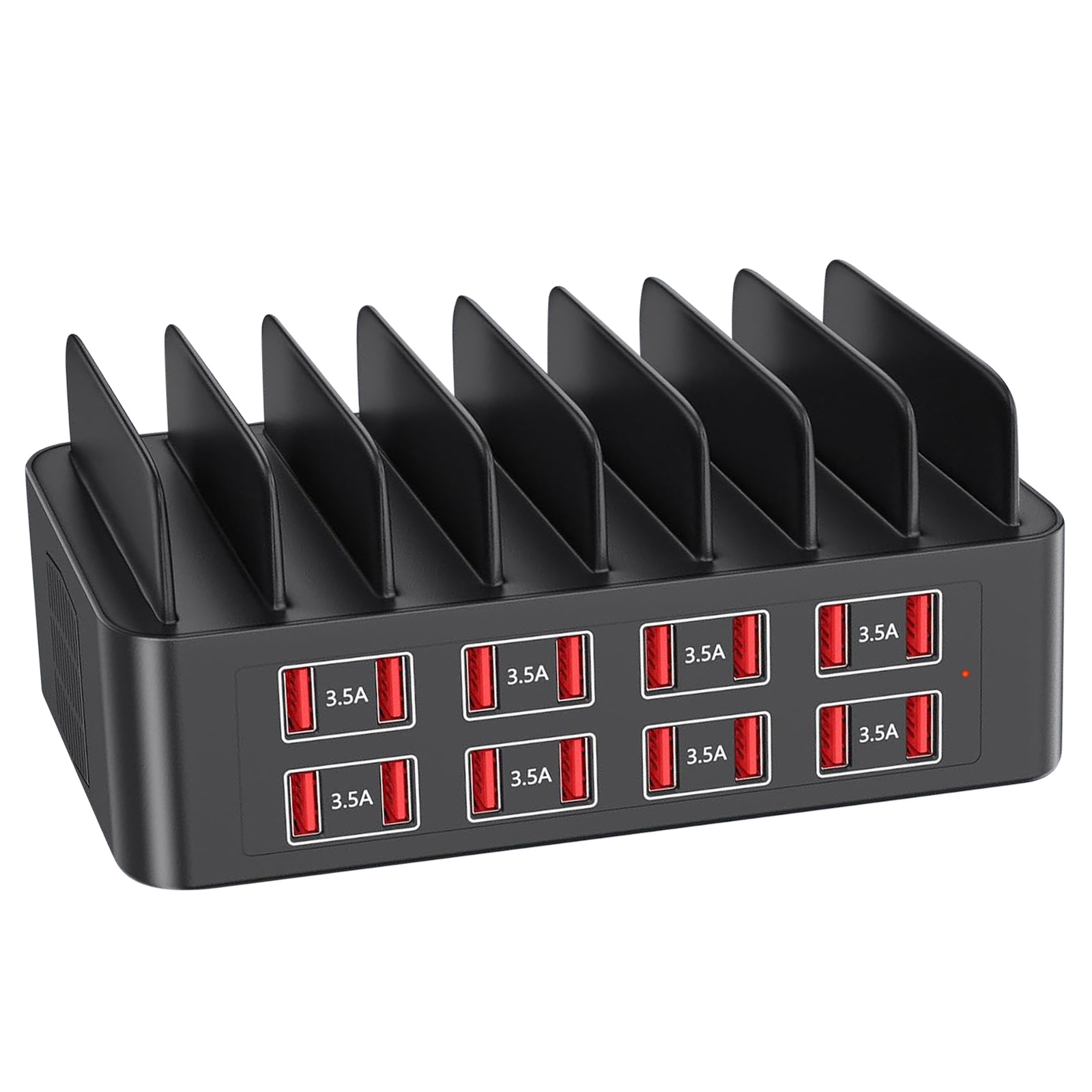 Eine schwarze Ladestation mit mehreren Steckplätzen für Geräte. Jeder Steckplatz hat einen USB-Anschluss. Auf weißem Hintergrund.