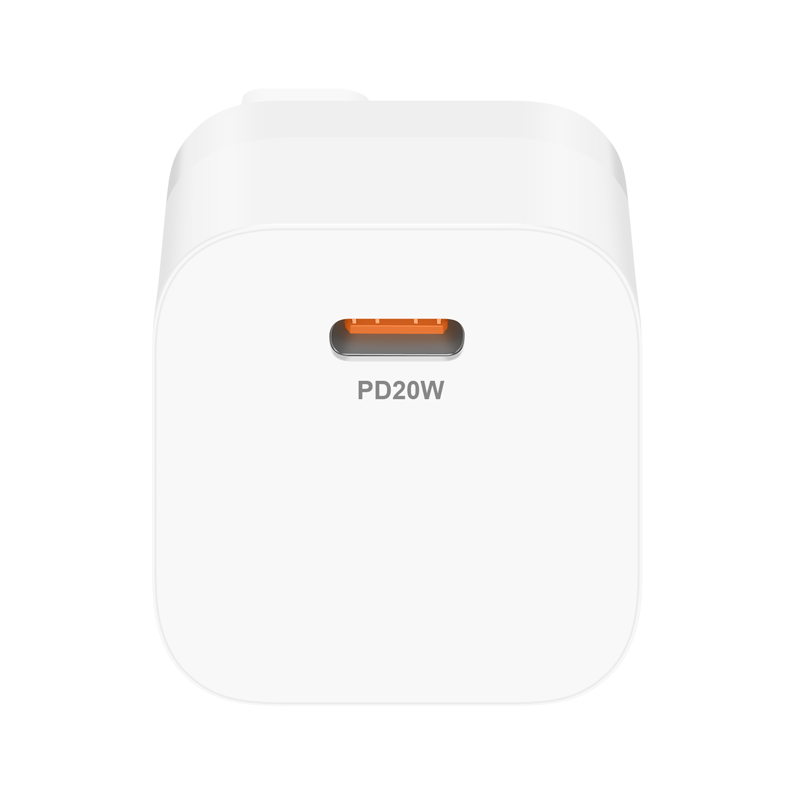 Caricatore bianco con la scritta PD20W e una porta USB-C. Su sfondo bianco.