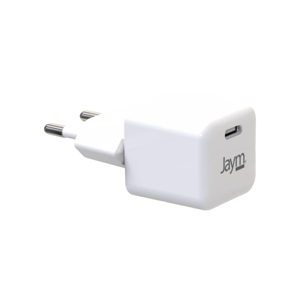 Caricatore bianco con due connettori metallici e una porta USB-C, con il logo Jaym. Su sfondo bianco.