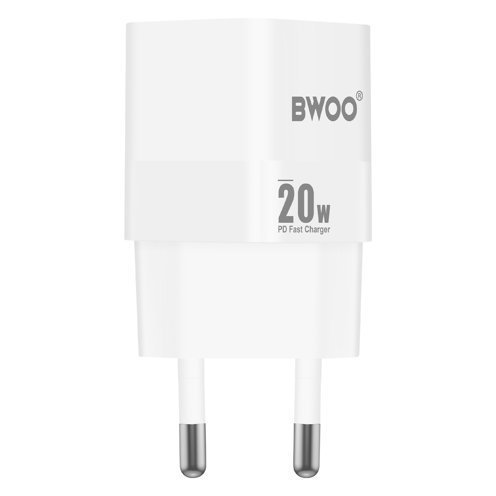 Caricabatterie rapido PD BWOO 20W bianco con due spine.