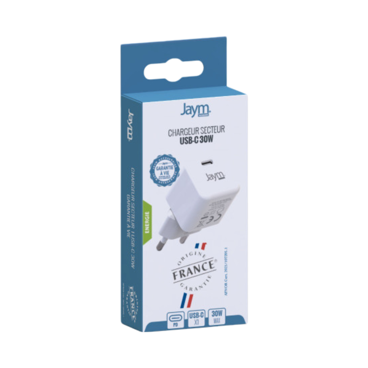 Scatola caricatore bianca e blu con testo e spina. La scatola ha il marchio Jaym, sfondo bianco. Scatola verticale.