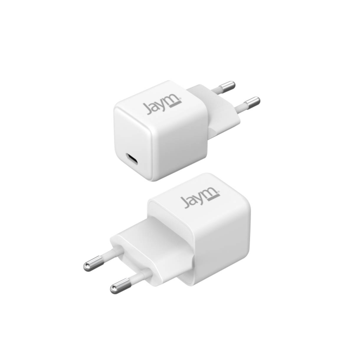 Due caricabatterie Jaym bianchi, uno con USB-C, entrambi con spine.
