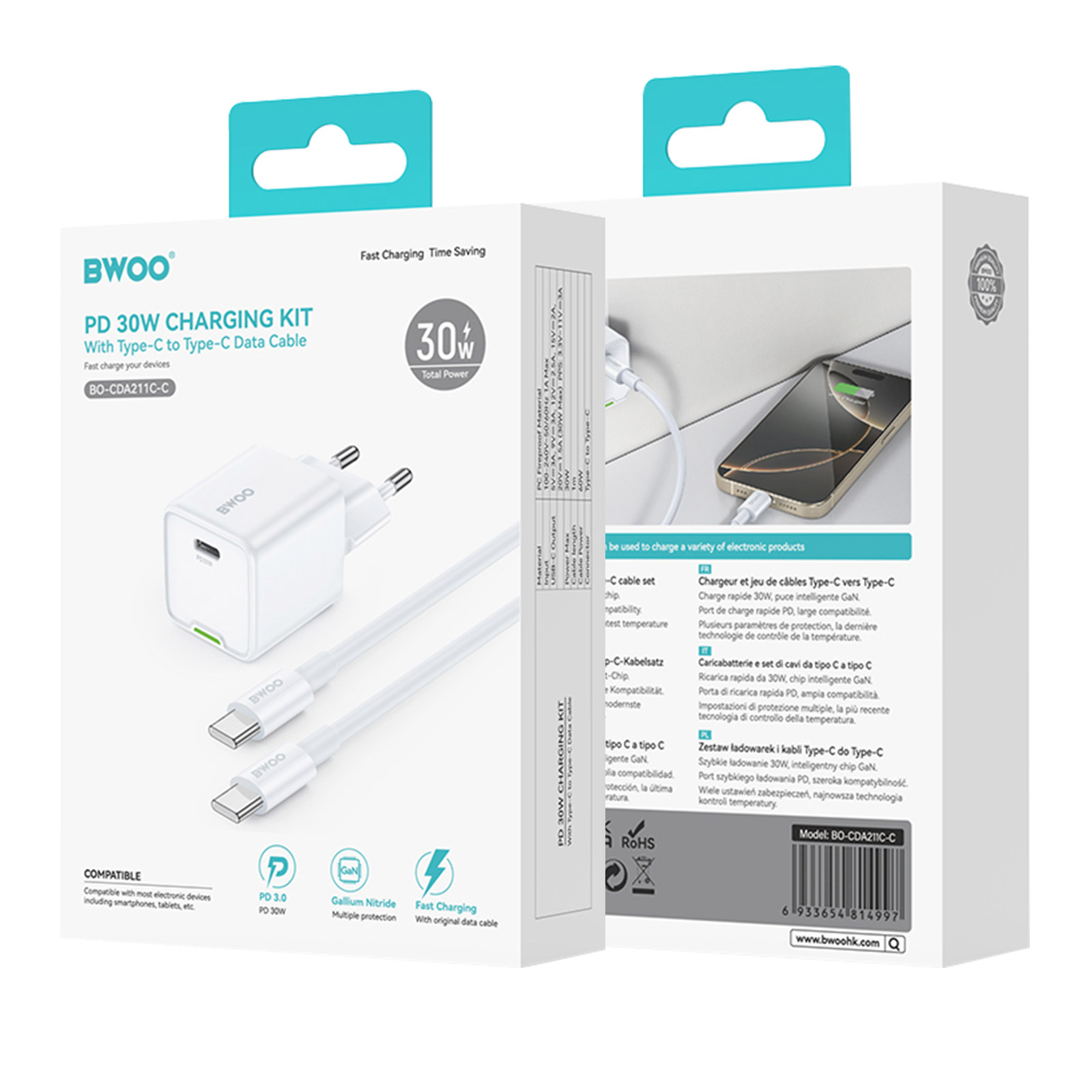 Una scatola con un kit di ricarica BWOO 30W, cavo e caricabatterie.