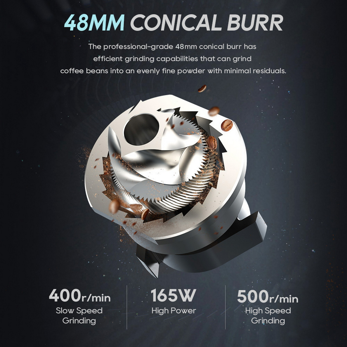 Obraz mechanizmu młynka do kawy z stożkowym żarnem 48 mm. Ziarna kawy widoczne.