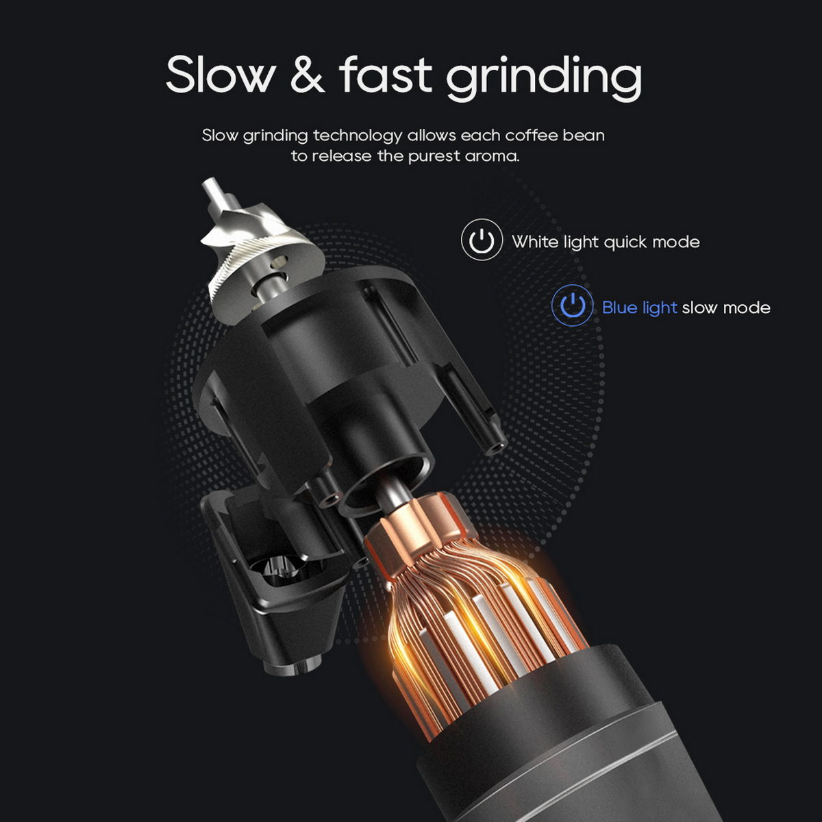 Obraz pokazujący wewnętrzne działanie młynka do kawy.