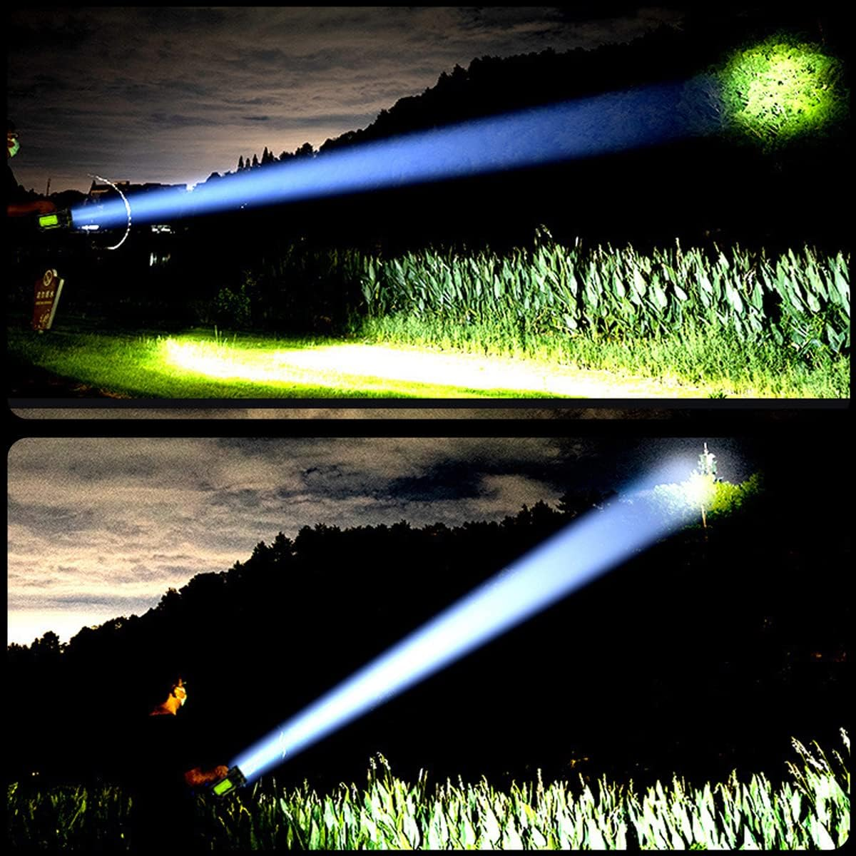 Zwei Bilder von Scheinwerfern bei Nacht. Einer ist an, der andere aus. Beide zeigen einen hellen Strahl.