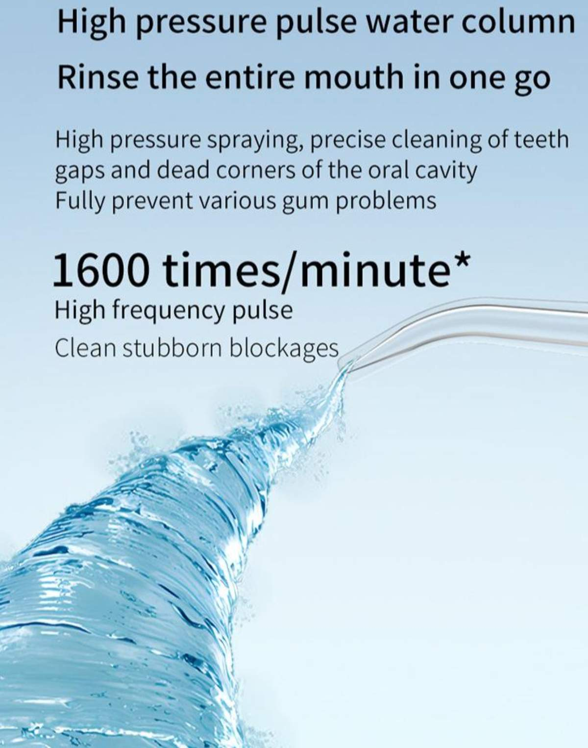 Nahaufnahme eines Wasserflossers, der Wasser sprüht. Text: Hochdruck, den ganzen Mund spülen, 1600 Mal/Minute.