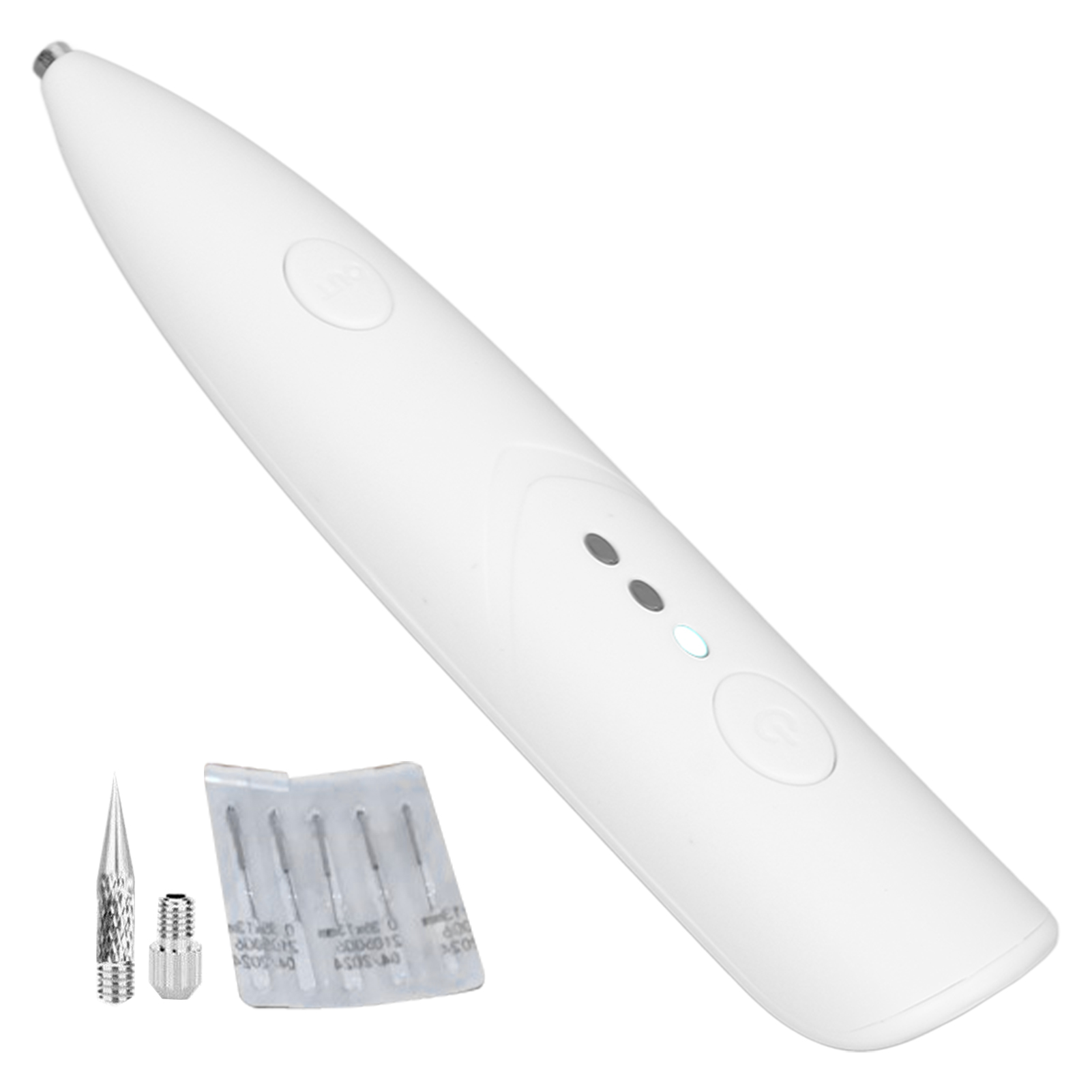 Das Bild zeigt einen weißen Muttermalentfernungsstift mit Nadeln. Er befindet sich auf einem weißen Hintergrund, der das Design des Geräts hervorhebt.