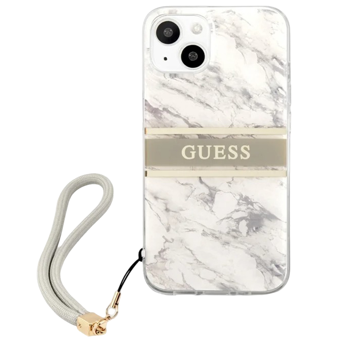 Una funda de teléfono con estampado de mármol con la palabra GUESS en el centro y una correa de muñeca adjunta.