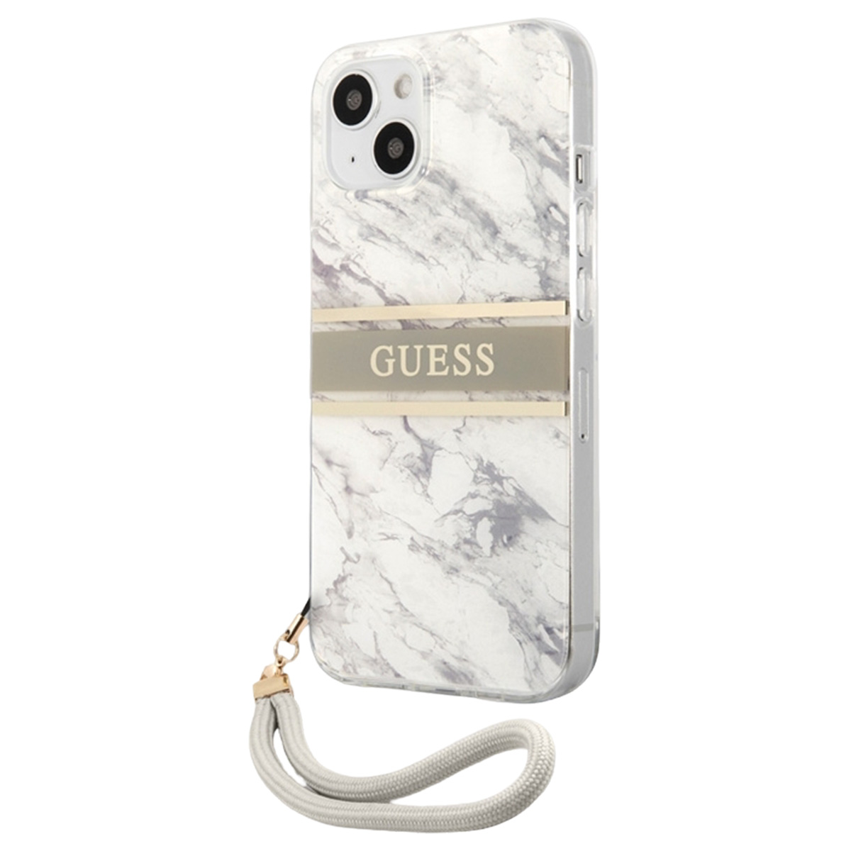 Una funda Guess con un patrón de mármol y una correa para la muñeca. La funda tiene el logo de Guess.