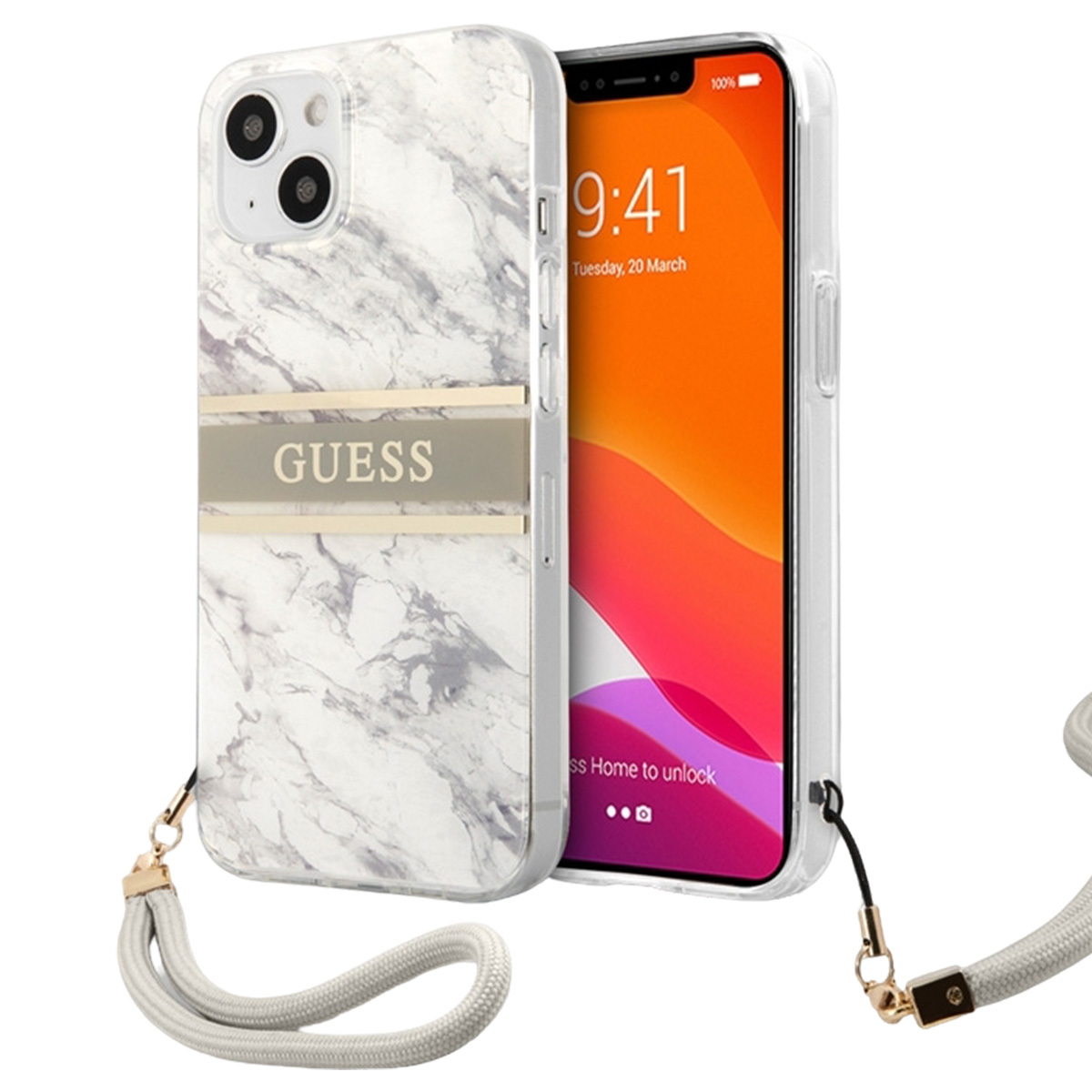 iPhone en una funda Guess con patrón de mármol y correa de muñeca. El teléfono muestra la hora y la fecha con fondo blanco.