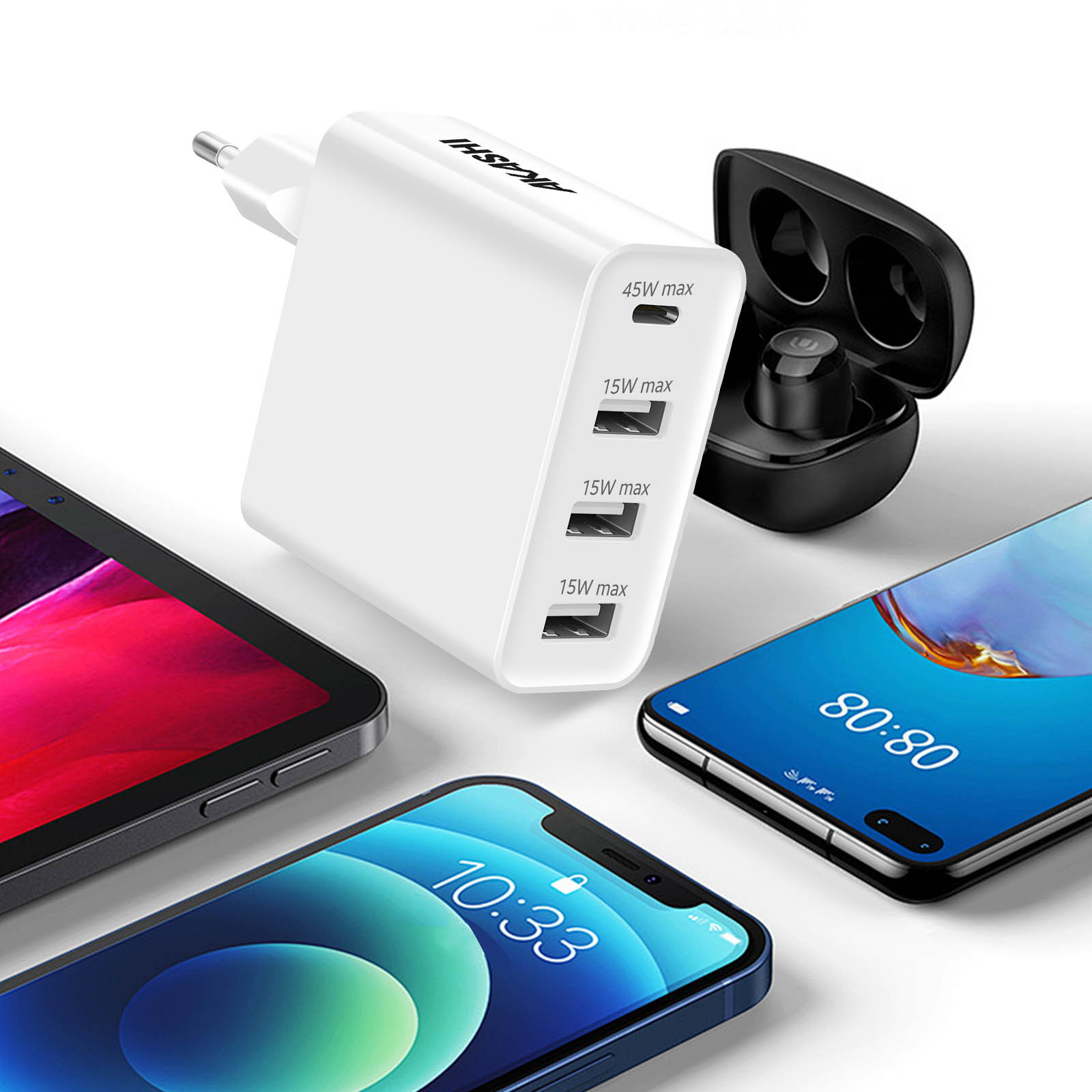 Caricatore bianco con più porte USB, auricolari e più smartphone.