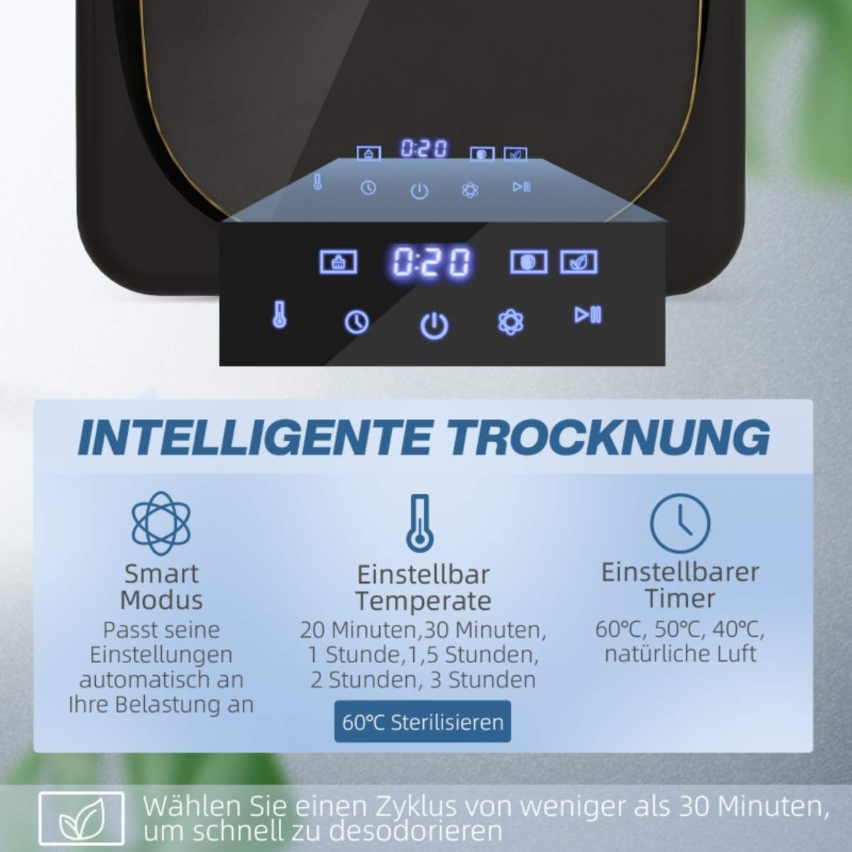 Nahaufnahme des Digitaldisplays einer Mini-Waschmaschine, mit Text über Einstellungen.