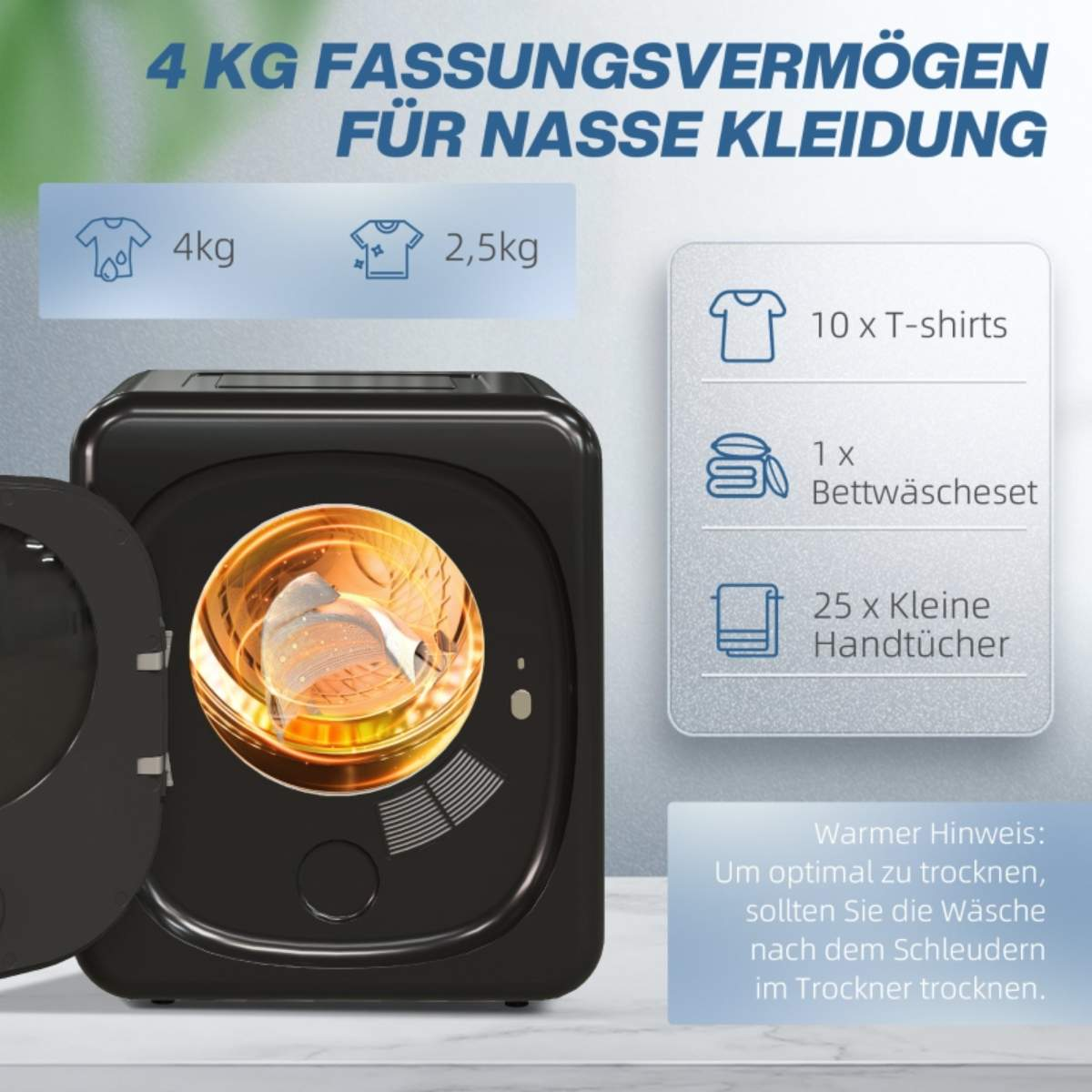 Mini-Waschmaschine, die ihre Kapazität für Kleidung und verwandte Infos zeigt.