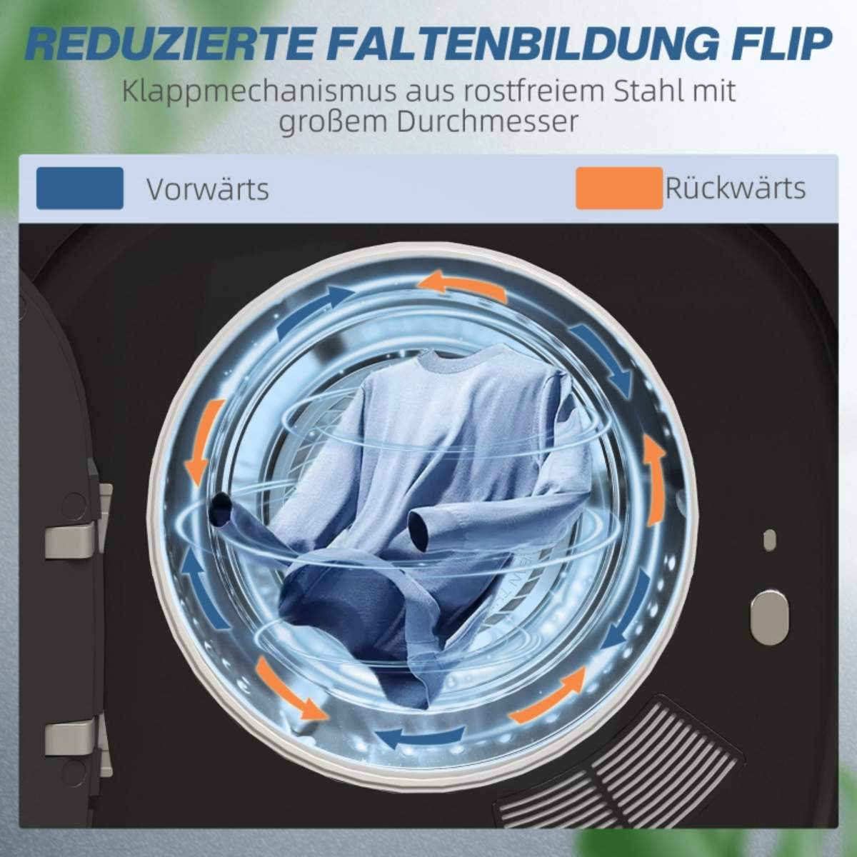 Innenansicht der Mini-Waschmaschine, die Vorwärts- und Rückwärtsdrehung zeigt.