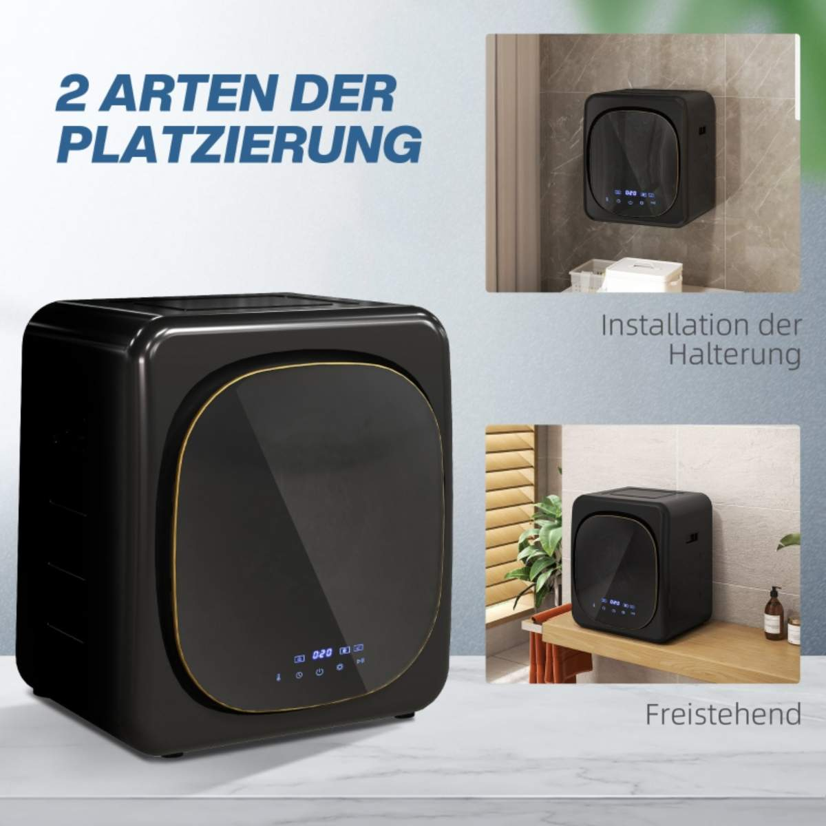 Schwarzes Würfelgerät mit goldfarbenem Besatz. Es zeigt zwei Platzierungsoptionen: Wandmontage und freistehend.