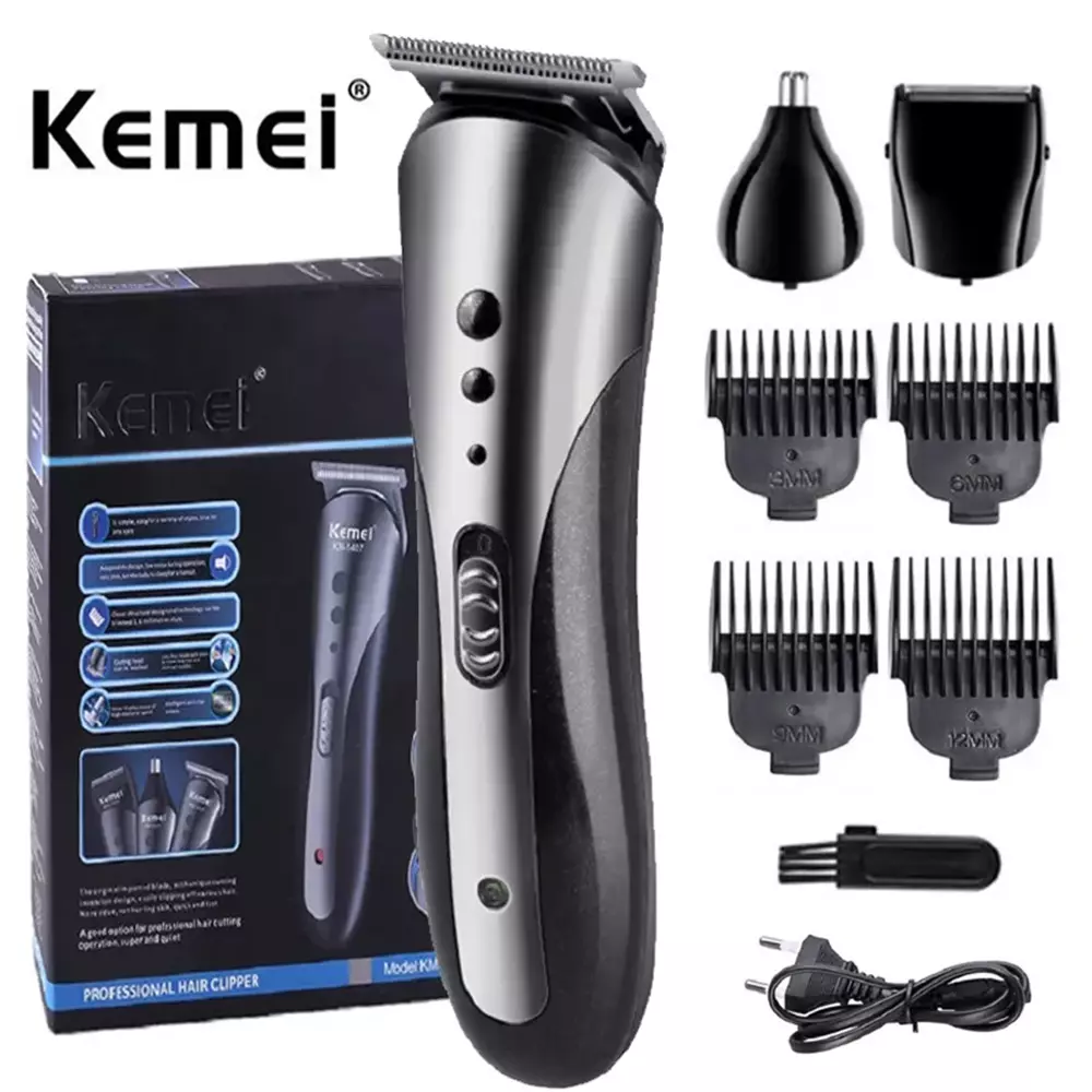 Kemei Haarschneiderset mit mehreren Aufsätzen, einschließlich Box, Clipper, Trimmerköpfen und Netzkabel.