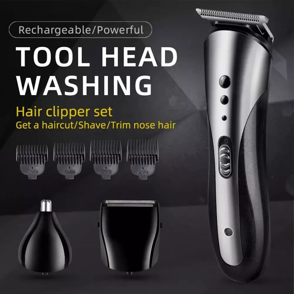 Ein Haarschneide-Set mit mehreren Aufsätzen, einem Nasenhaartrimmer und einem Hauptschneidegerät.