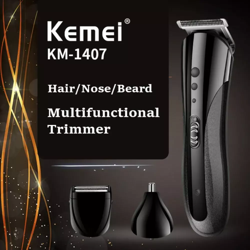Kemei KM-1407 Multifunktionstrimmer mit Haar-, Nasen- und Bartaufsätzen. Auf dunklem Hintergrund dargestellt.