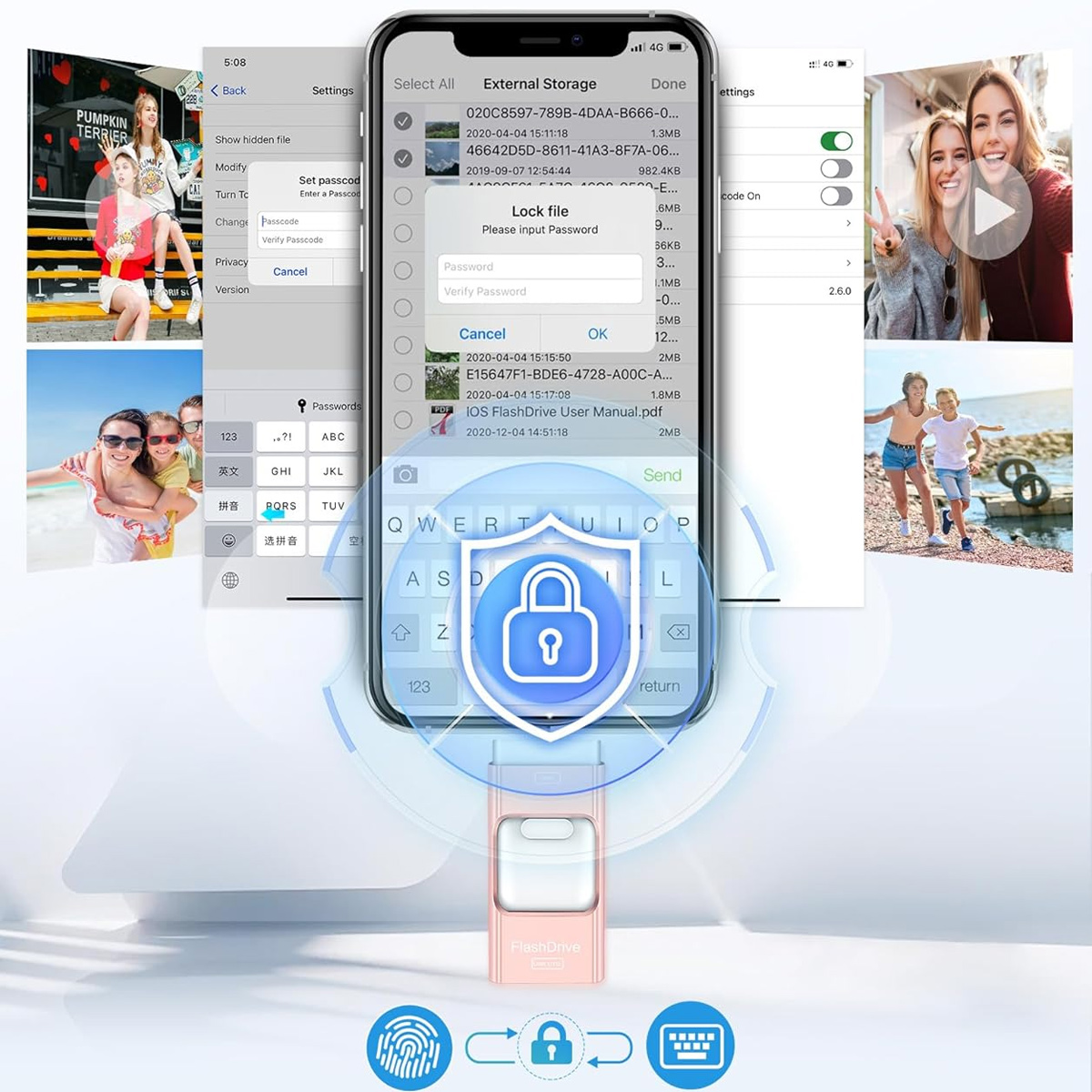 Ein Telefon mit gesperrtem USB-Stick und Fotos. Text: "Datei sperren" und "Passwort überprüfen".