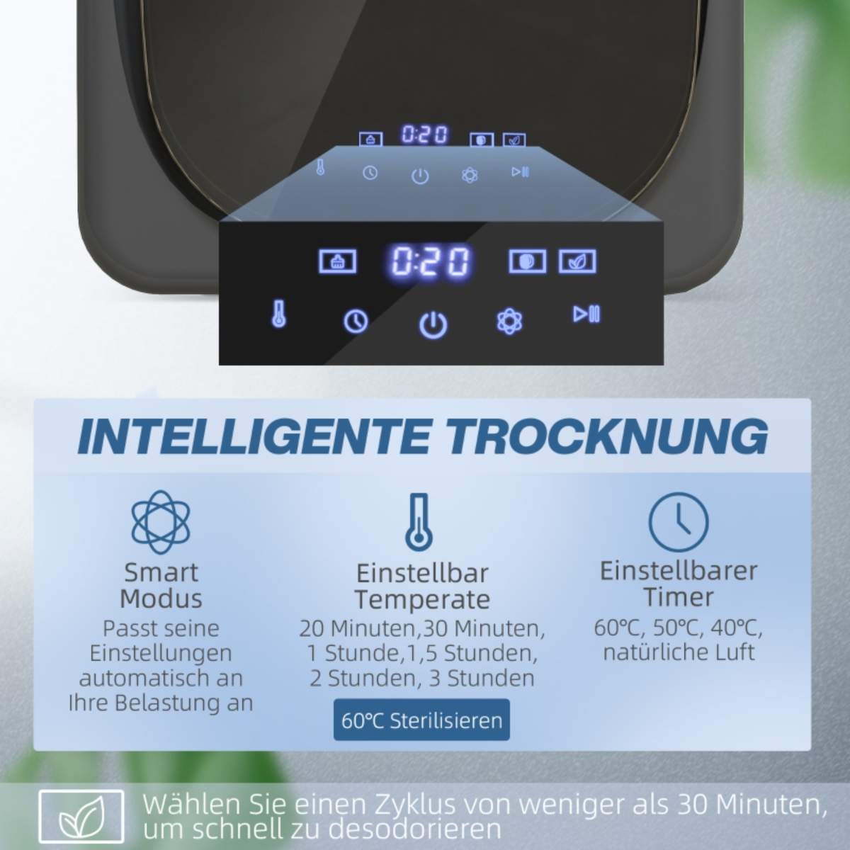 Eine Digitalanzeige zeigt einen Timer und Einstellungen. Text beschreibt intelligentes Trocknen mit Smart-Modus.