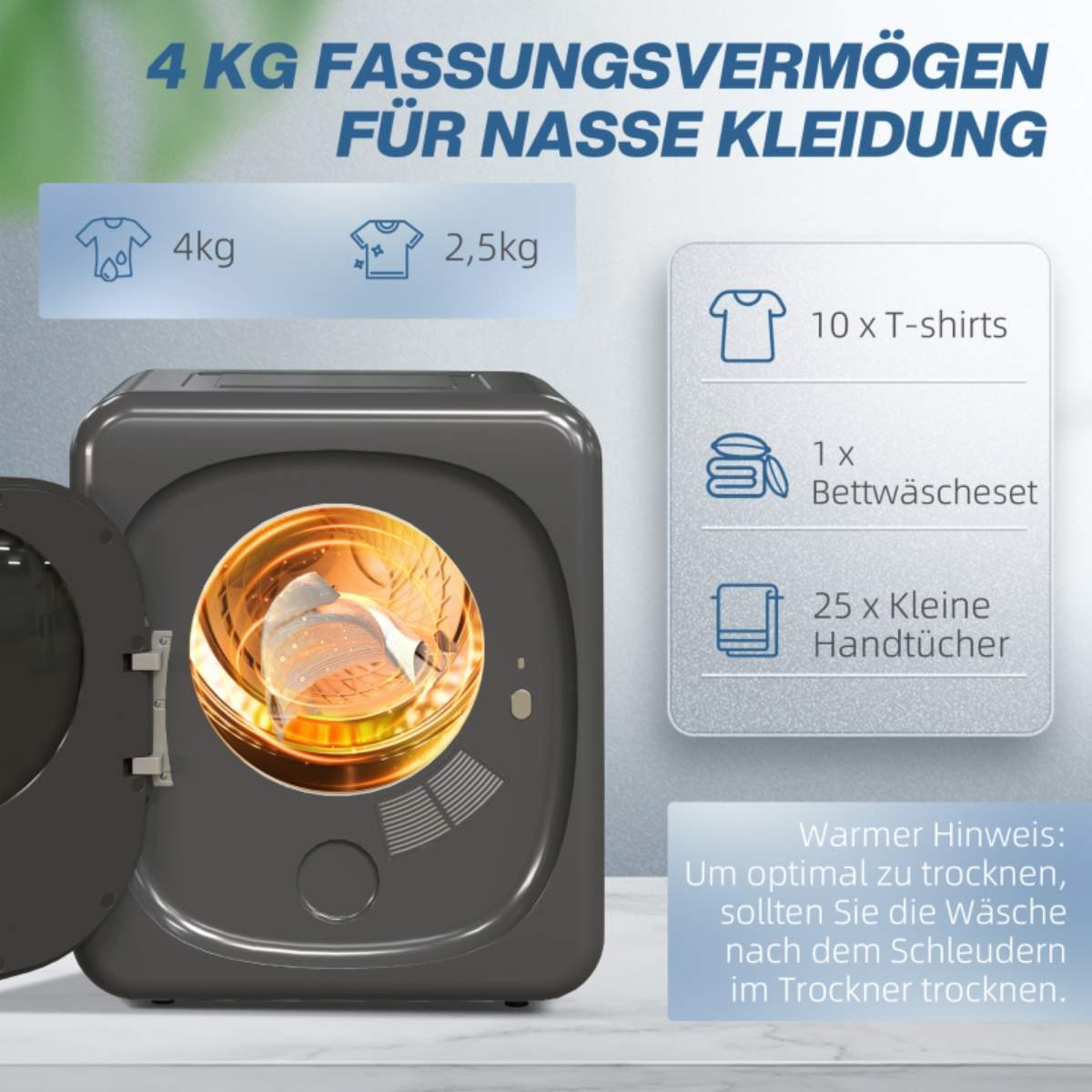 Graue Maschine mit deutschem Text: "4 KG Fassungsvermögen für nasse Kleidung." Diagramme zeigen die Kapazität.