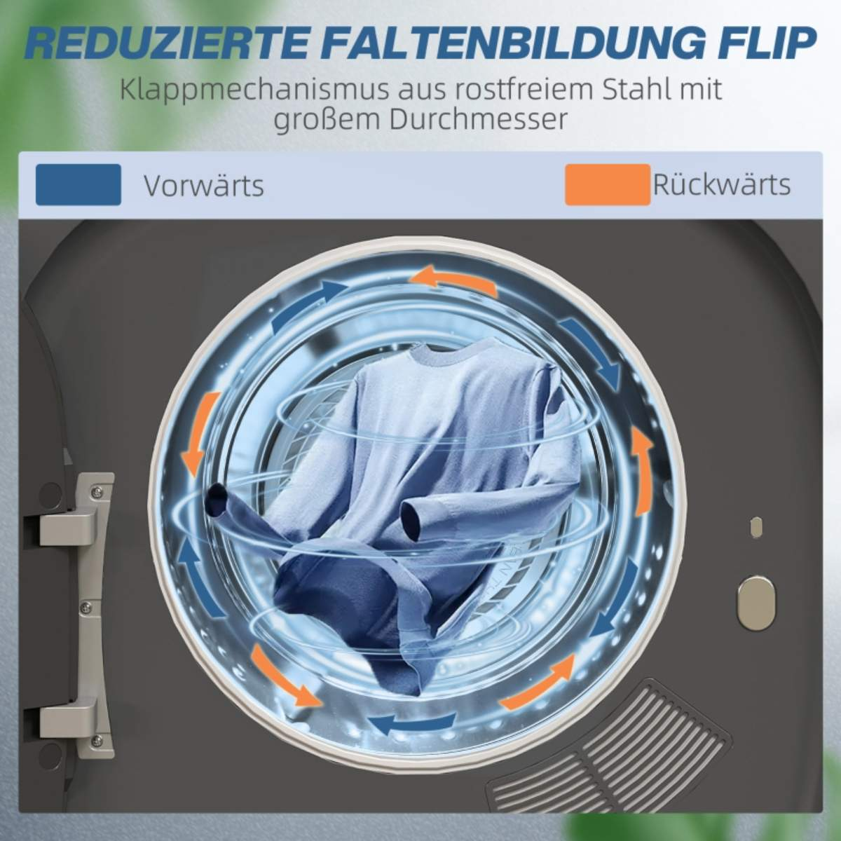 In einer Waschmaschine wird ein blaues Kleidungsstück gewirbelt. Pfeile zeigen die Drehrichtung an.