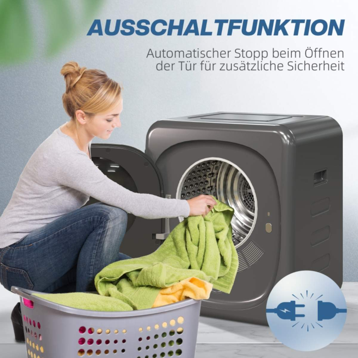 Eine Frau legt Kleidung in eine graue Trockenmaschine. Text: "Ausschaltfunktion" und "Automatic Stop".