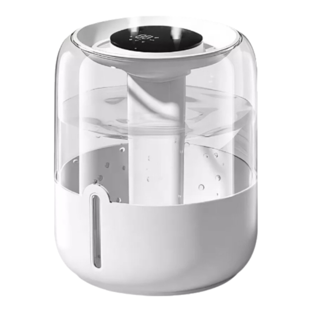 Ein weißer Wasserbefeuchter mit einem transparenten, zylindrischen Oberteil. Er hat eine Digitalanzeige und Wasserstandsanzeige.